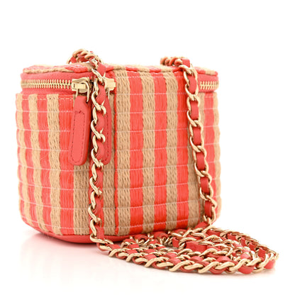 Chanel Raffia Jute Striped Mini Vanity Case With Chain Red Beige 3 of 10