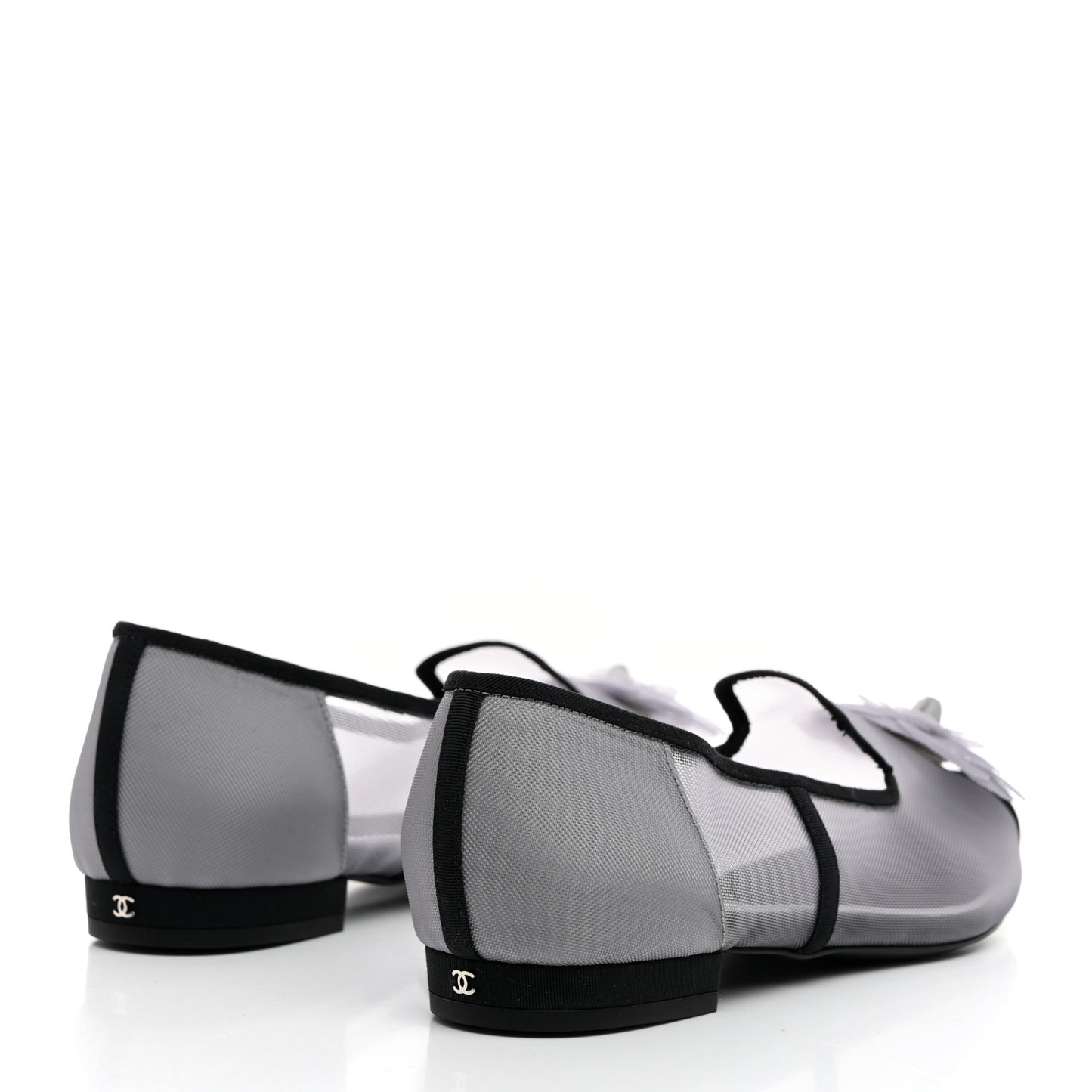 Mesh Grosgrain Camellia Mocassin Loafers 36 Grey Black