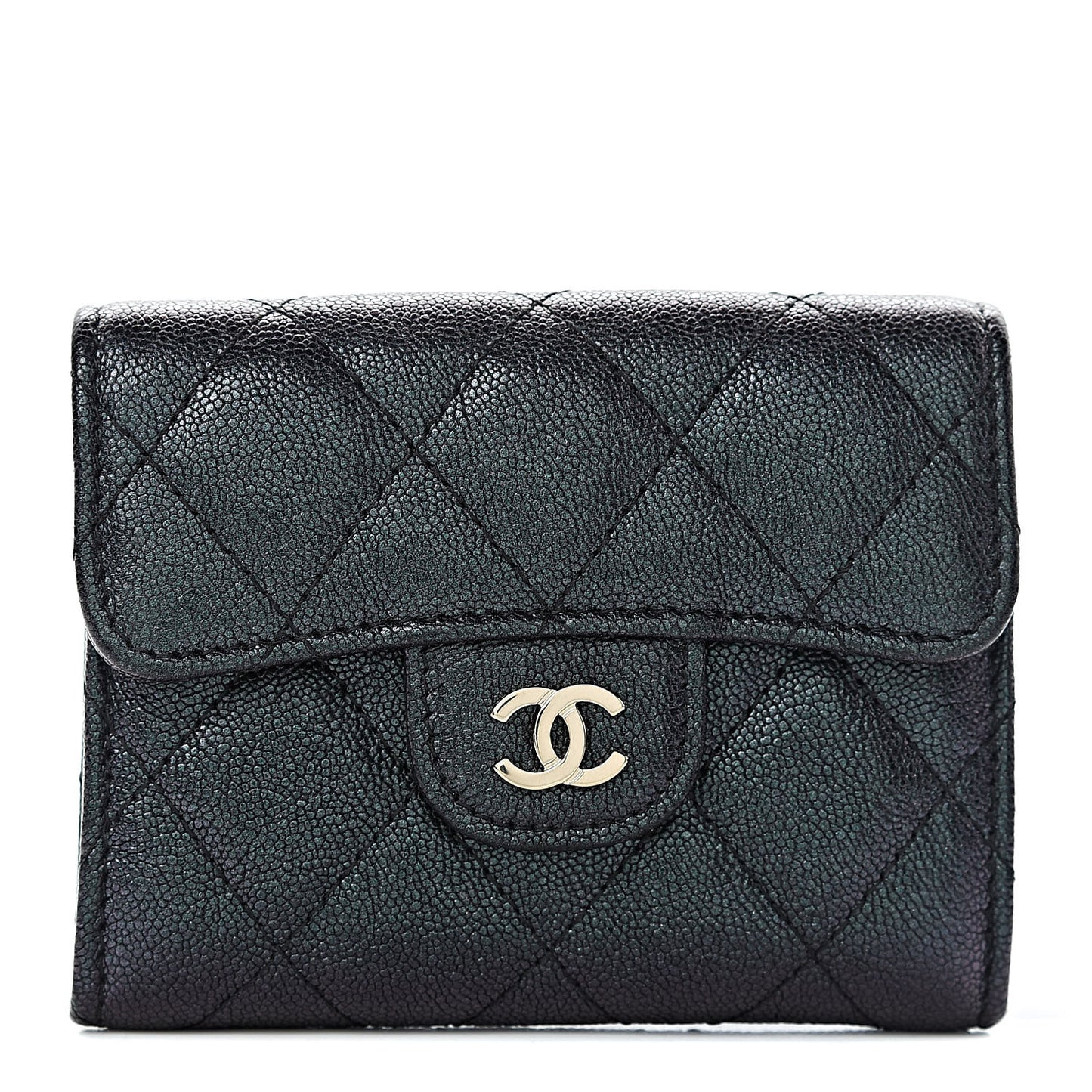 Iridescent Caviar Quilted Flap Card Holder Wallet Black