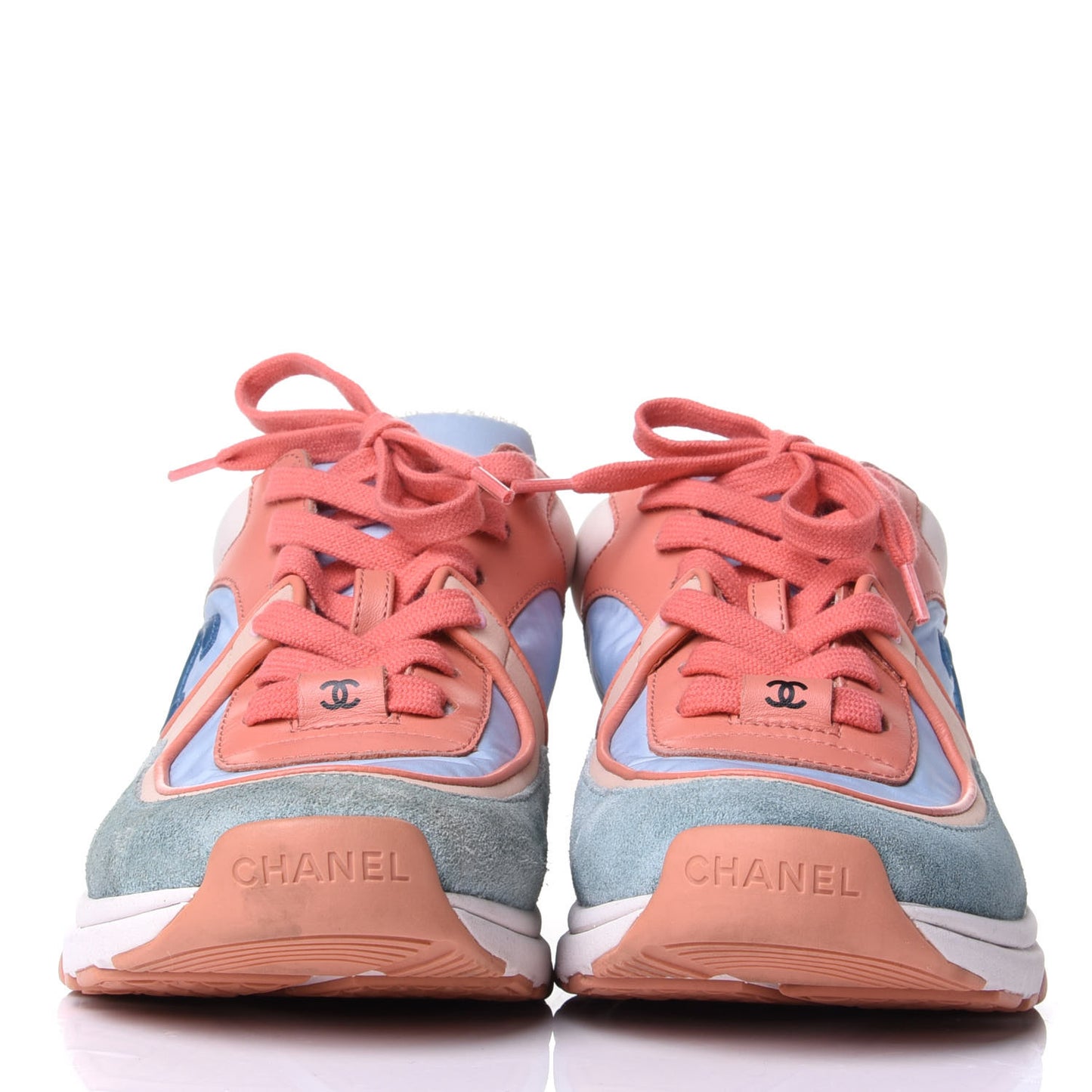 Nylon Lambskin Suede Calfskin CC Sneakers 36 Coral Light Blue White