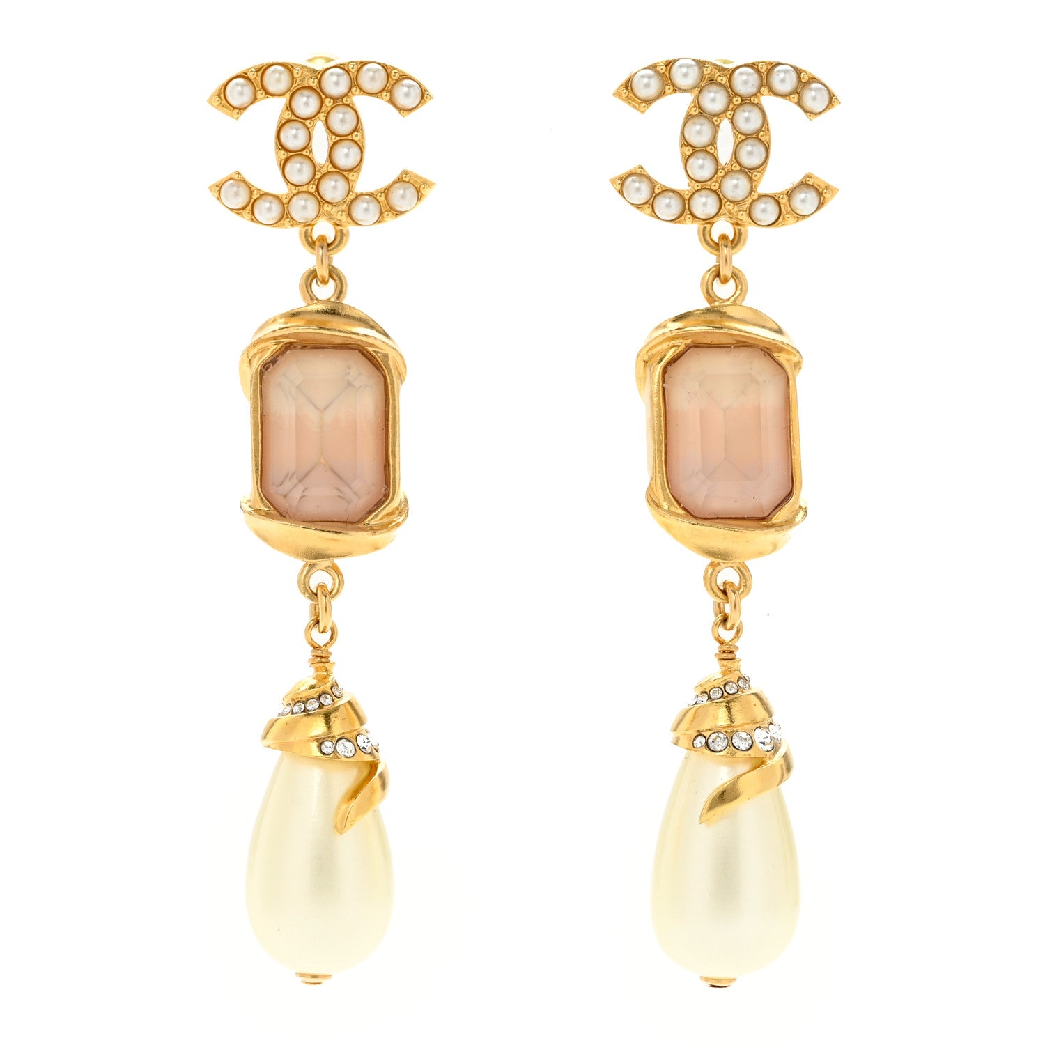 Chanel Strass Glass Long Pearl CC Drop Earrings Pink Pearly White Gold 1 of 5