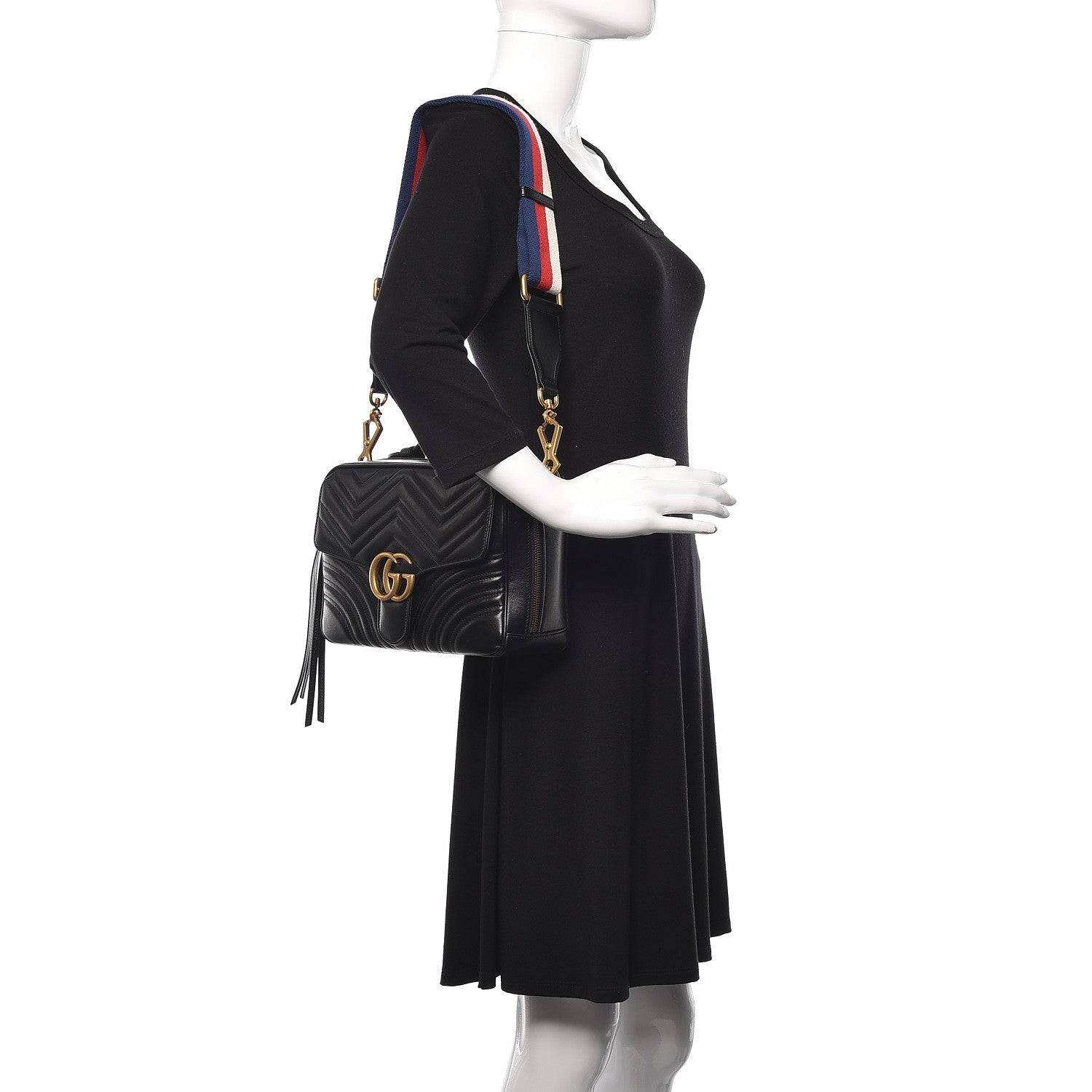 Gucci Calfskin Matelasse Sylvie Web Small GG Marmont Top Handle Shoulder Bag Black 2 of 10