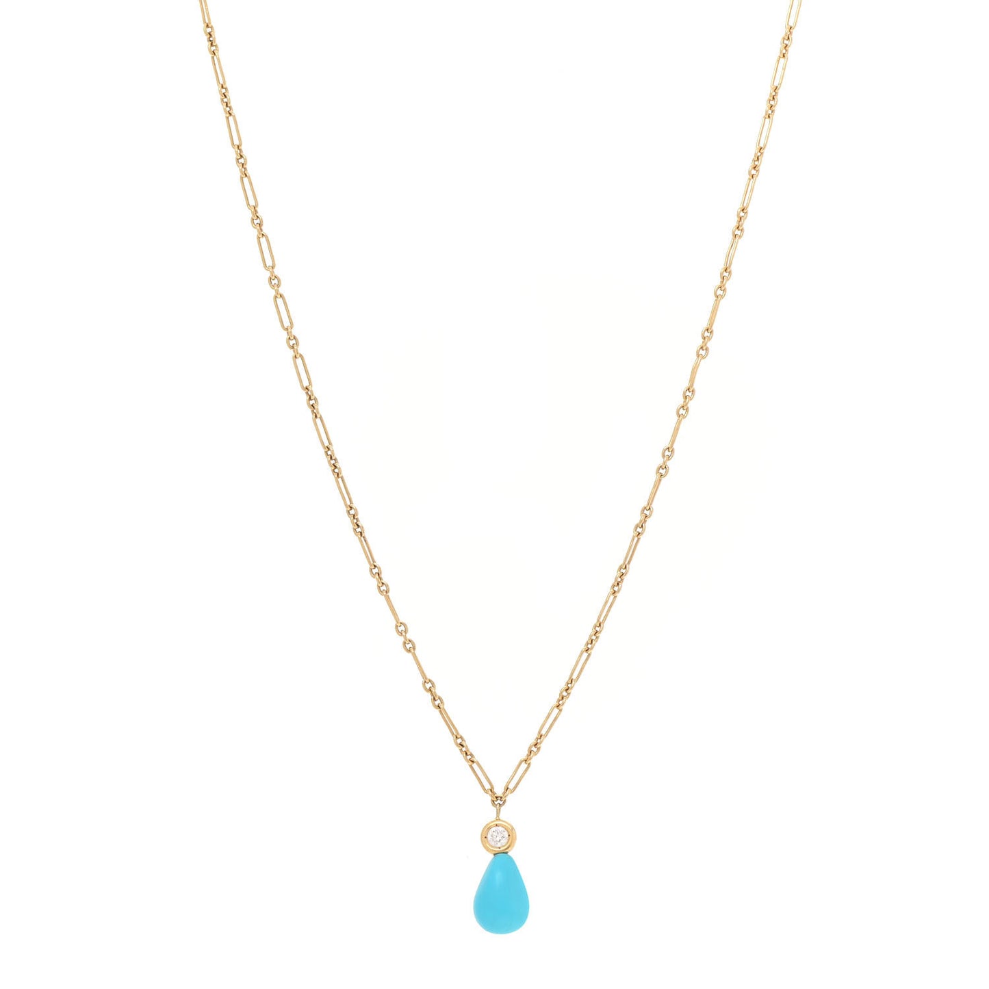 18K Yellow Gold Diamond Turquoise Drop Pendant Necklace