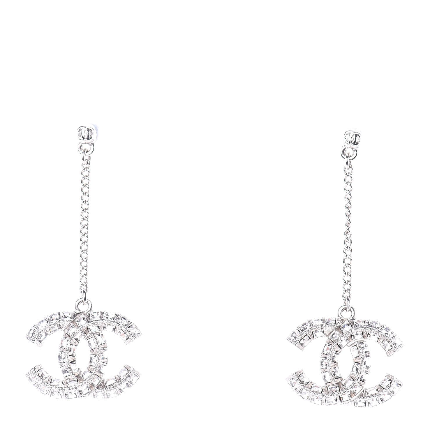 Chanel Baguette Crystal CC Drop Earrings Silver 1 of 4