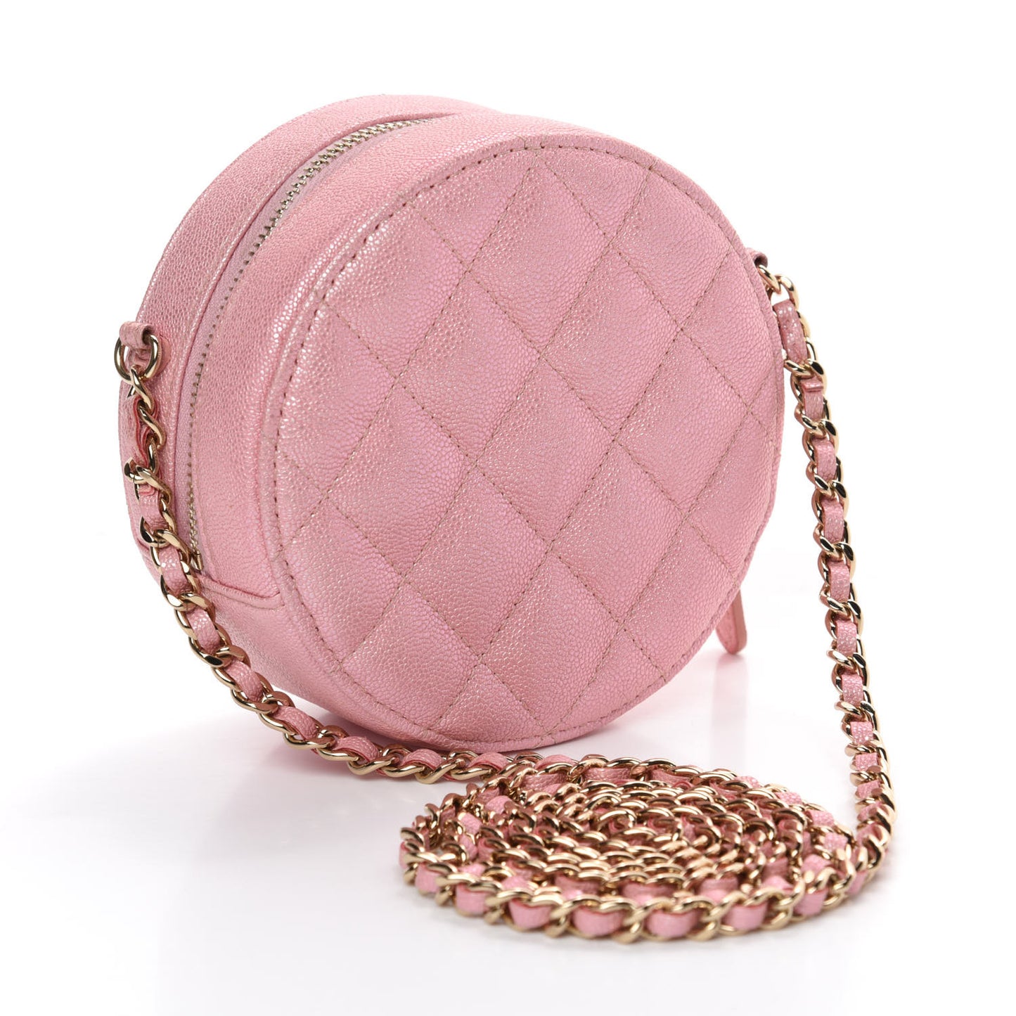Iridescent Caviar Quilted Round Clutch With Chain Pink