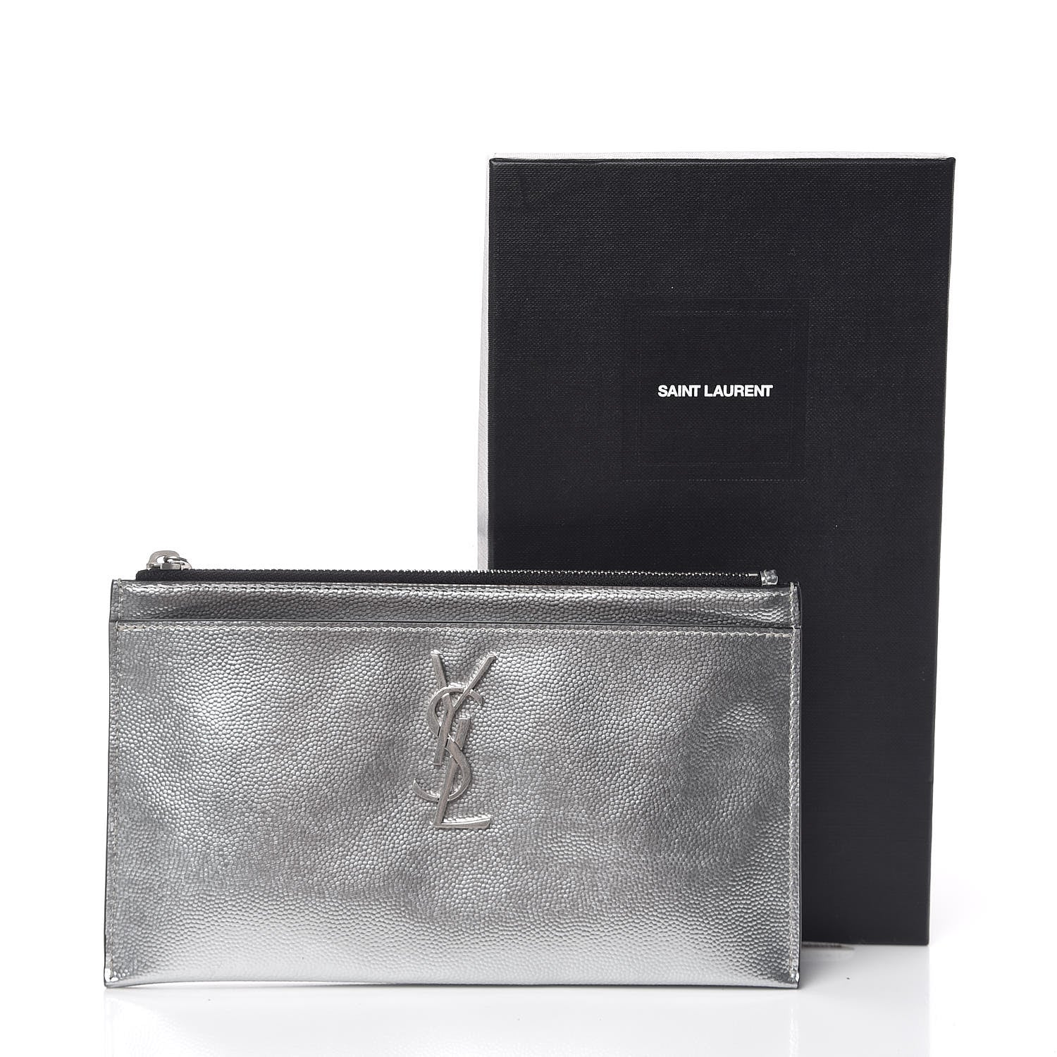 Saint Laurent Metallic Grain De Poudre Monogram Bill Pouch Argento 9 of 9
