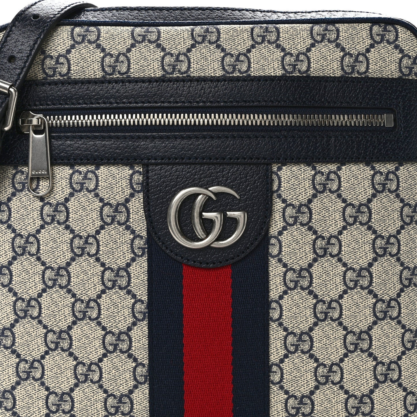 GG Supreme Monogram Textured Dollar Calfskin Web Small Ophidia Messenger Bag Beige Blue