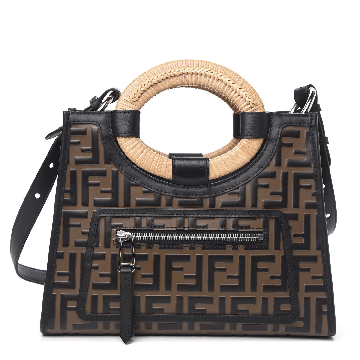 Fendi Vitello Century Wicker Bi-Color FF 1974 Embossed Small Runaway Shopper Tote Maya Black 1 of 10