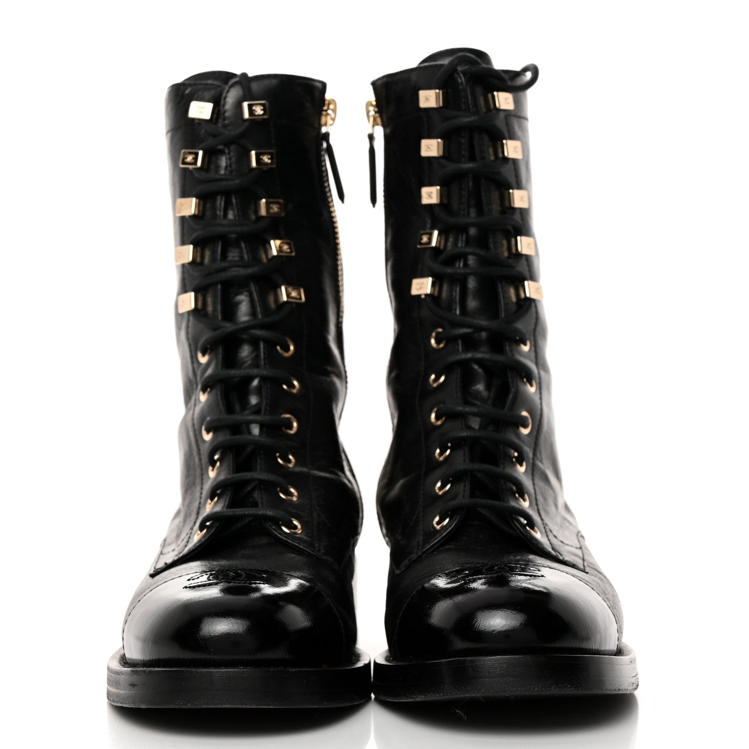 Chanel Patent Cap Toe Lace Up Combat Boots 39.5 Black 2 of 8
