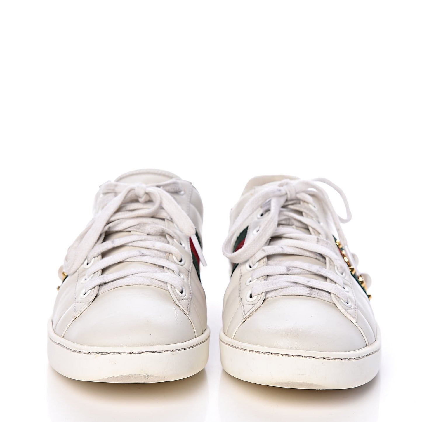 Calfskin Web Pearl Studded Womens Ace Sneakers 37.5 White
