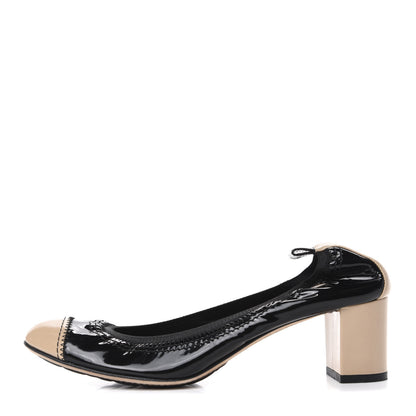 Chanel Lambskin Patent CC Elastic Stretch Pumps 39 Beige Black 1 of 10