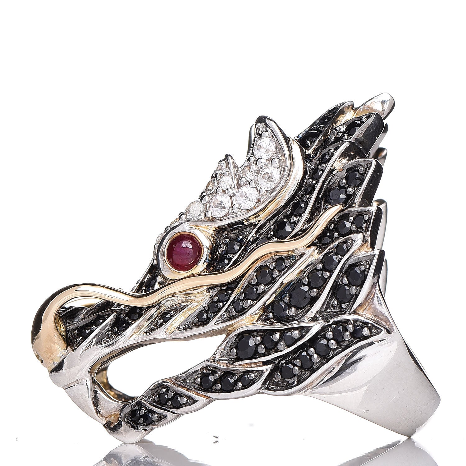 John Hardy Sterling Silver 18K Yellow Gold Ruby Black Sapphire White Sapphire Naga Head Ring 54 7 4 of 9