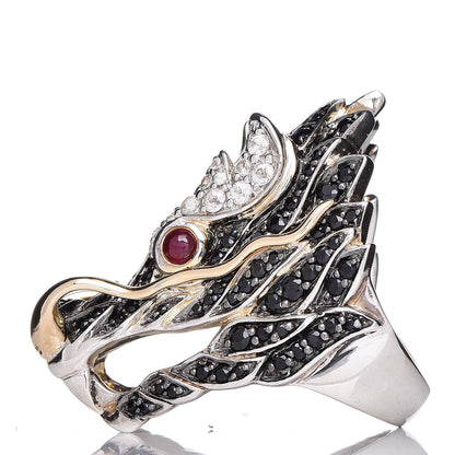 John Hardy Sterling Silver 18K Yellow Gold Ruby Black Sapphire White Sapphire Naga Head Ring 54 7 4 of 9