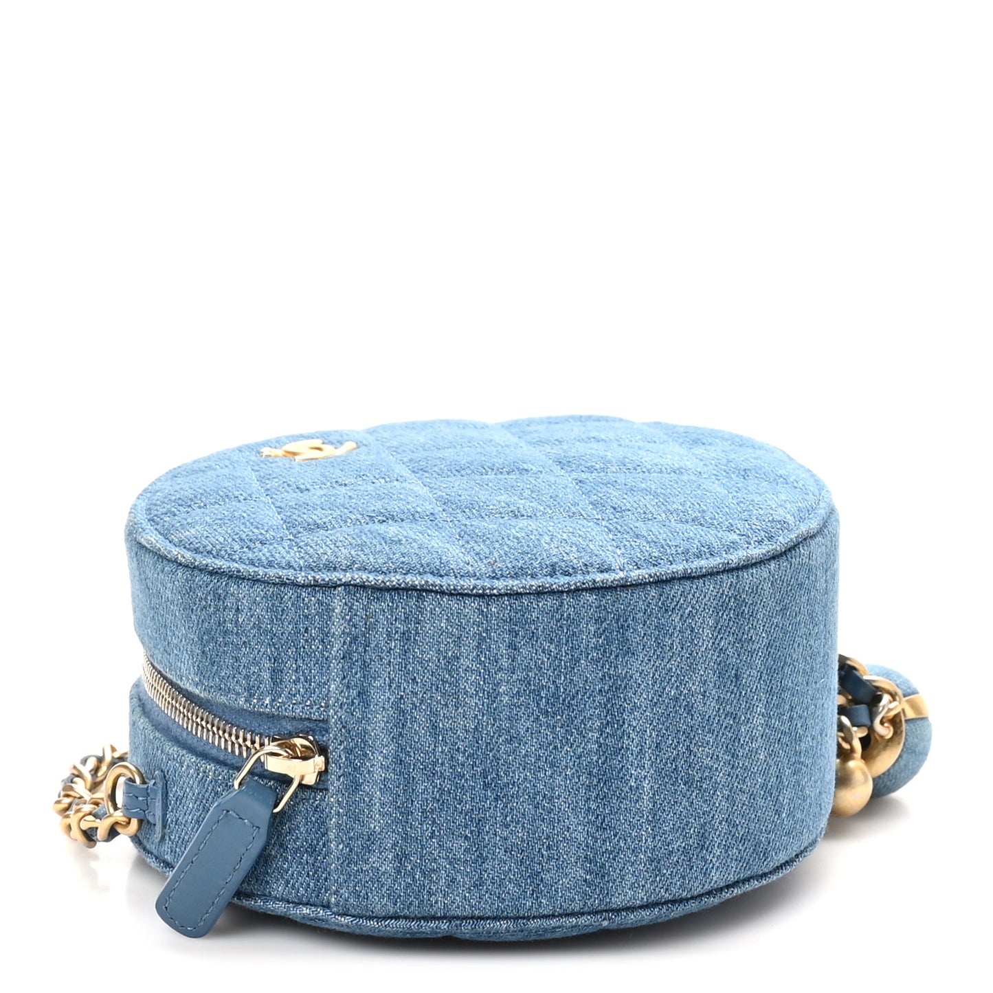 Denim Quilted Round Pearl Crush Clutch With Chain Blue