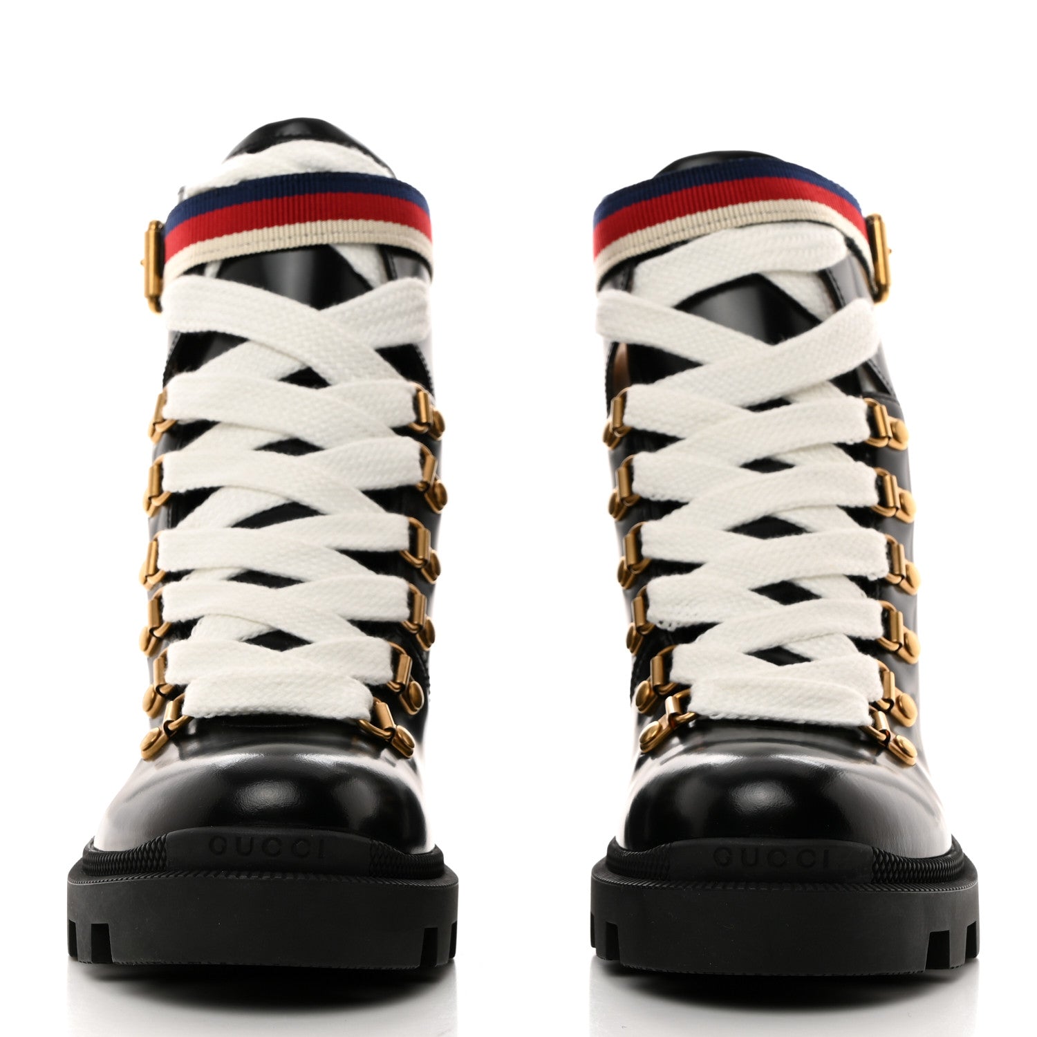 Gucci Calfskin Sylvie Web Womens Lace Up Combat Boots 35.5 Black 2 of 9