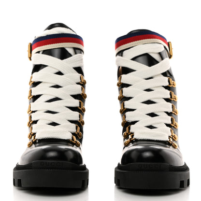 Gucci Calfskin Sylvie Web Womens Lace Up Combat Boots 35.5 Black 2 of 9