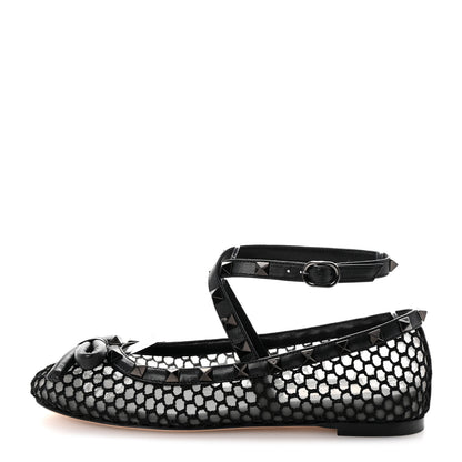 Valentino Garavani Mesh Calfskin Rockstud Multi Strap Ballerina Flats 35.5 Black 1 of 10