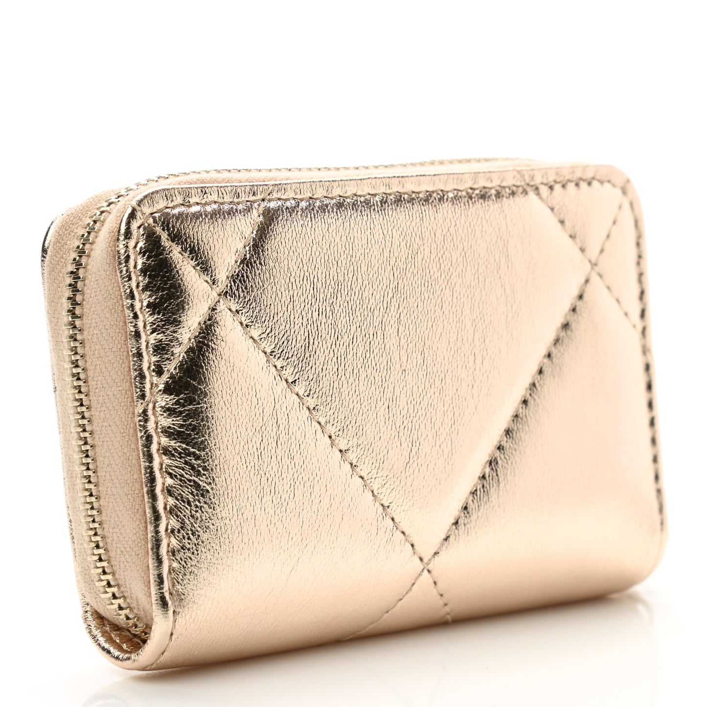 Metallic Lambskin Quilted Chanel 19 Zip Around Coin Purse Wallet Gold