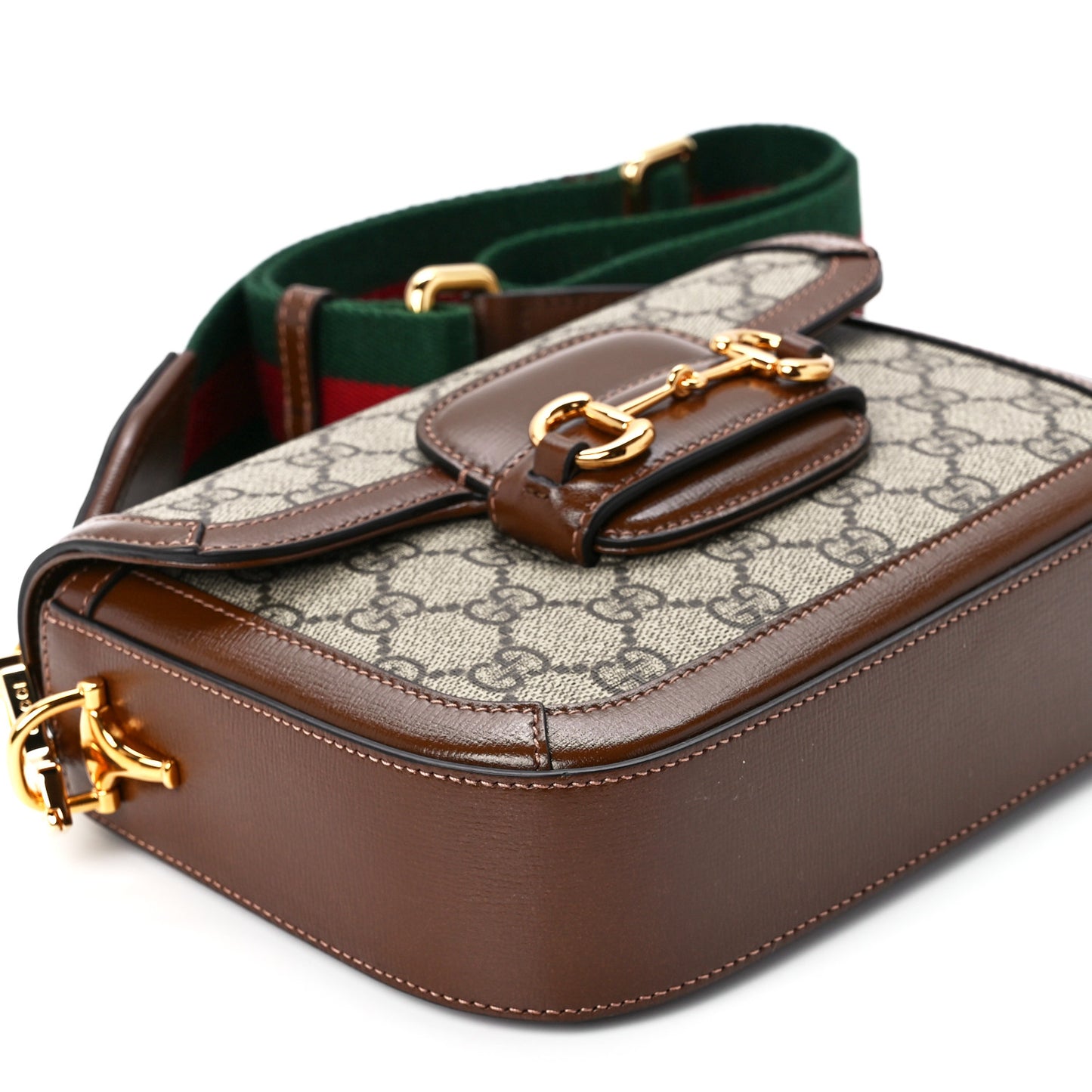 GG Supreme Monogram Azalea Calfskin Web Mini Horsebit 1955 Shoulder Bag Beige Ebony Brown Sugar