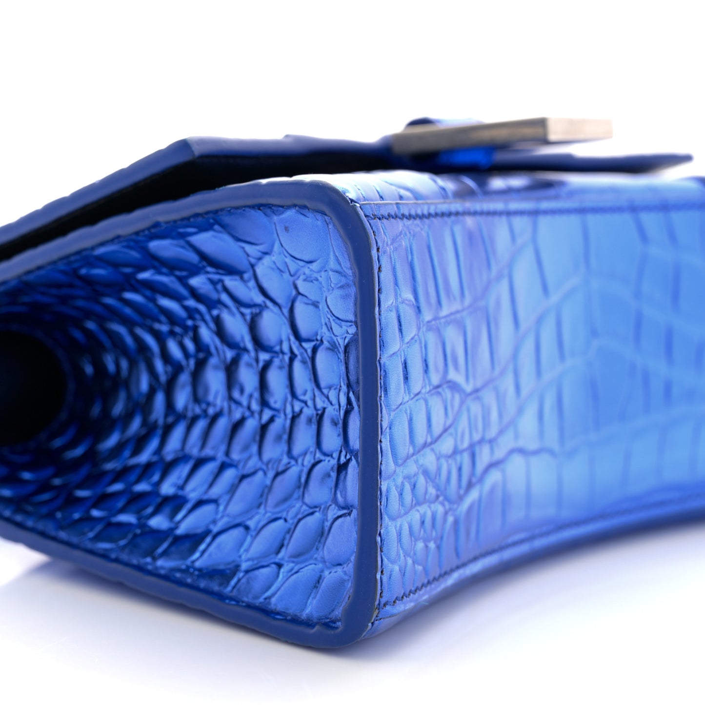 Metallic Shiny Calfskin Crocodile Embossed Hourglass Top Handle Bag XS Royal Blue