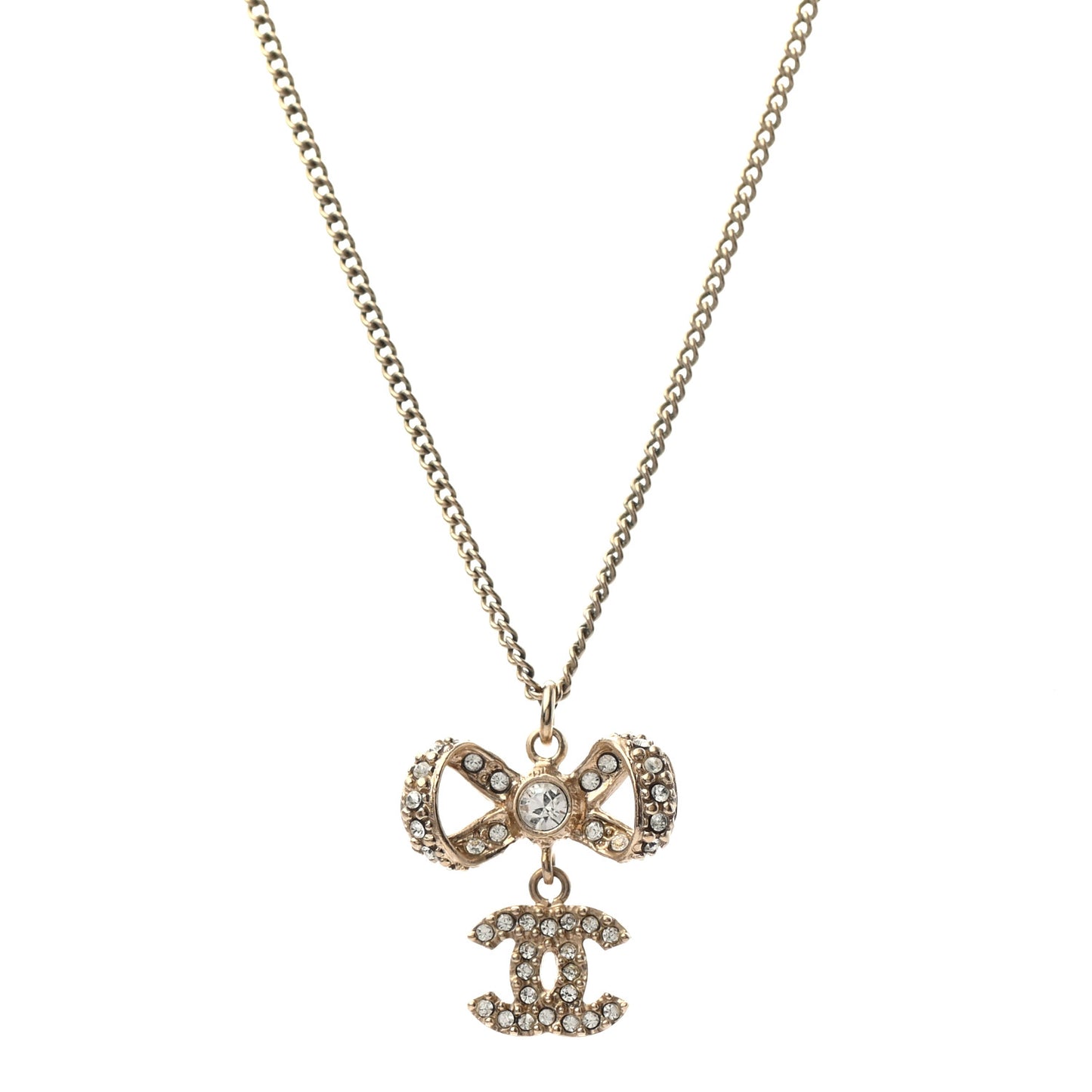 Metal Crystal CC Bow Drop Necklace Gold