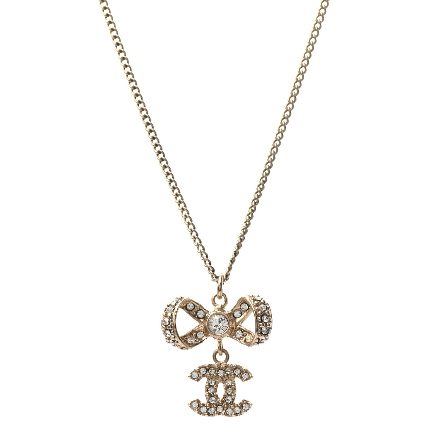 Chanel Metal Crystal CC Bow Drop Necklace Gold 1 of 5