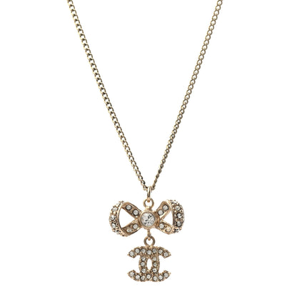 Chanel Metal Crystal CC Bow Drop Necklace Gold 1 of 5