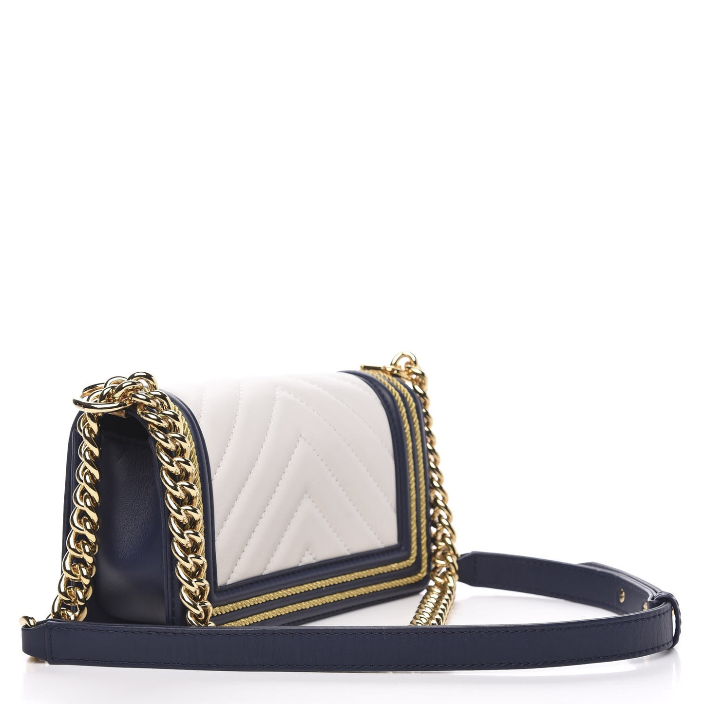 Calfskin Chevron Quilted Braided Small Boy Flap White Navy