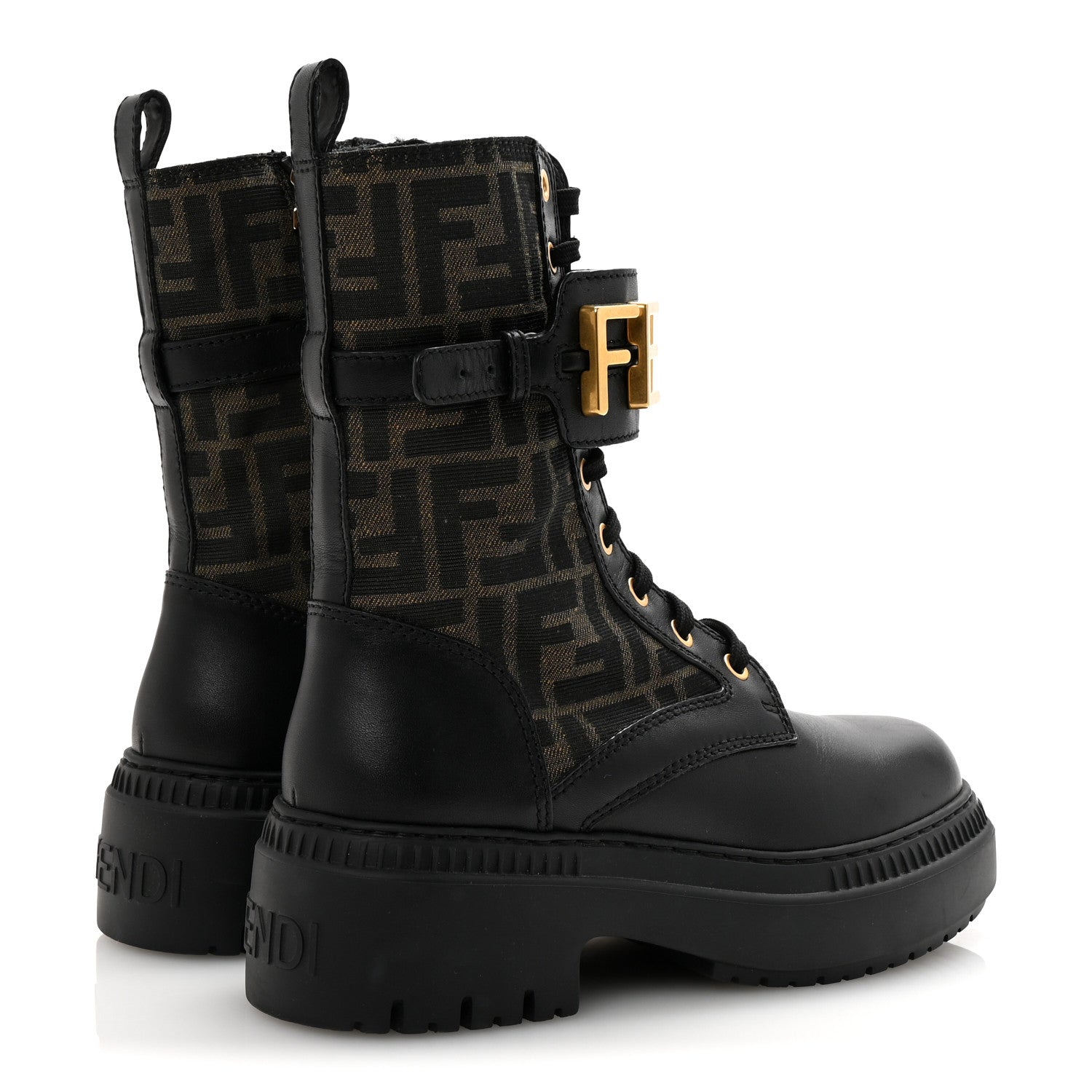 Fendi Vitello Fabric Jacquard FF Fendigraphy 50mm Biker Boots 35.5 Black Tobacco 5 of 10