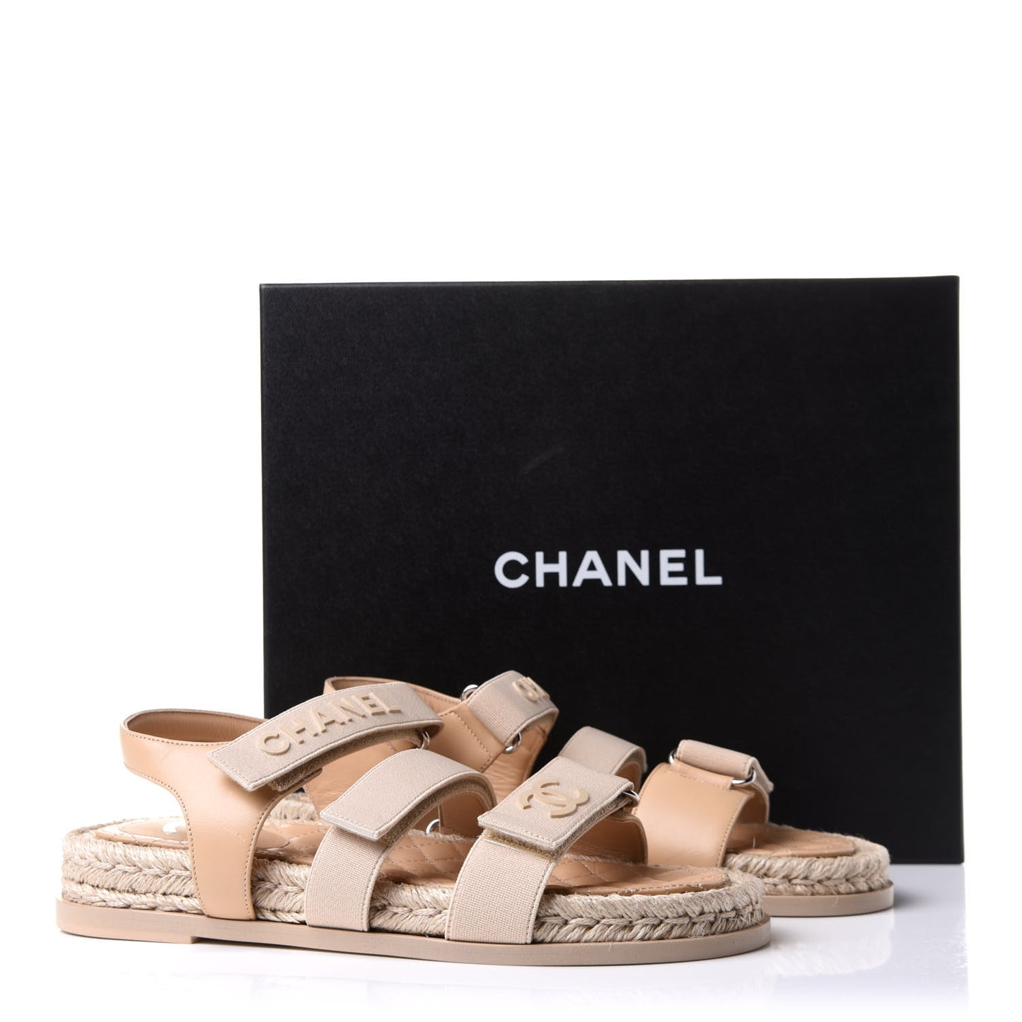Stretch Fabric Lambskin CC Flat Sandals 38 Beige