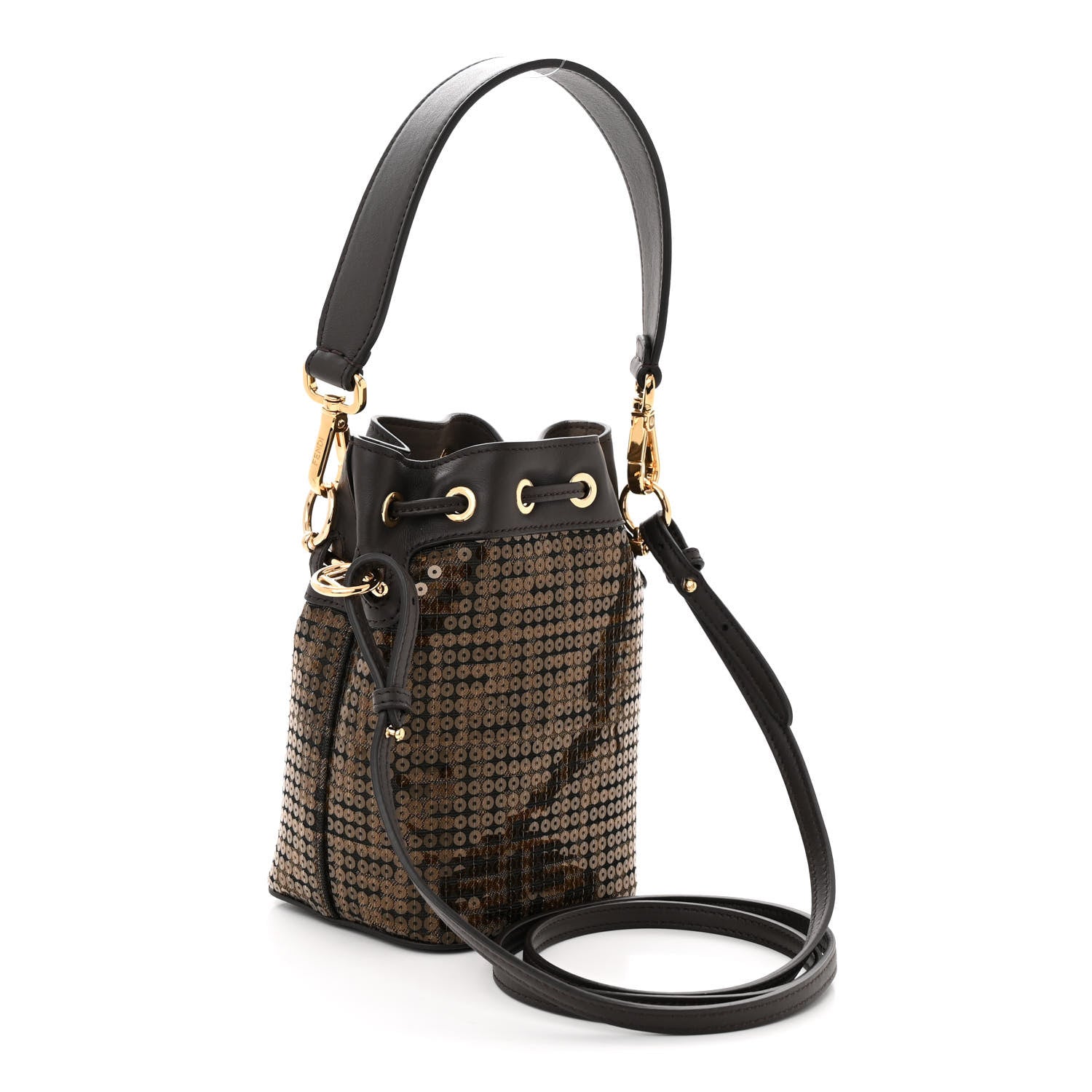 Fendi Fabric Jacquard Paillettes Vitello Seta FF 1974 Embroidered Mini Mon Tresor Bucket Bag Tobacco Moro 2 of 10