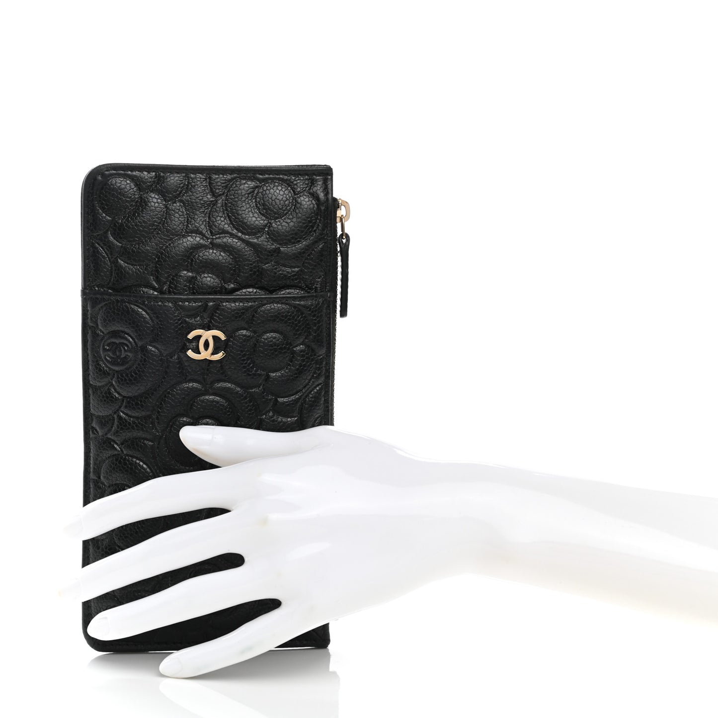 Caviar Camellia Embossed Classic Flat Wallet Pouch Black