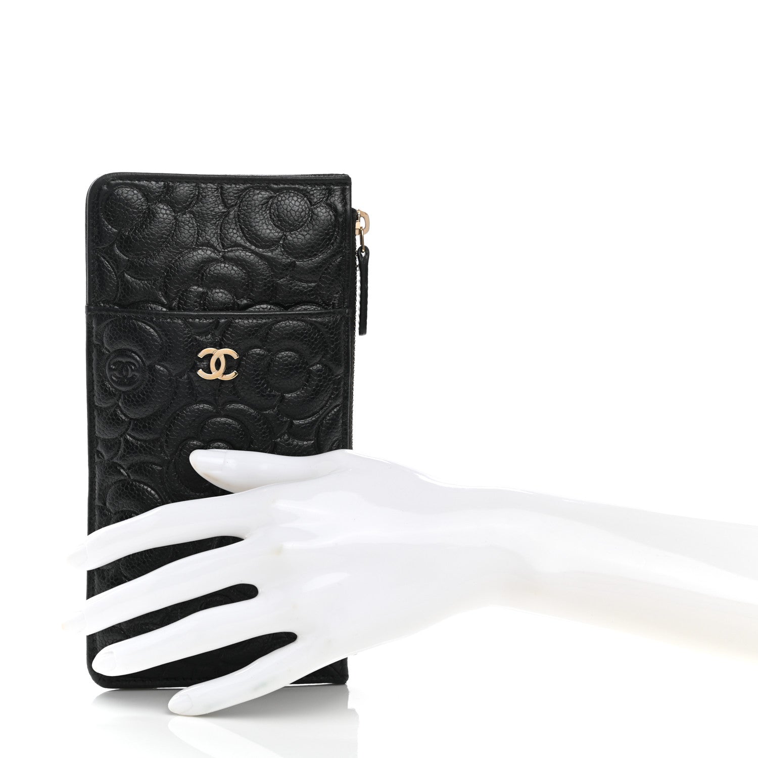 Chanel Caviar Camellia Embossed Classic Flat Wallet Pouch Black 2 of 9
