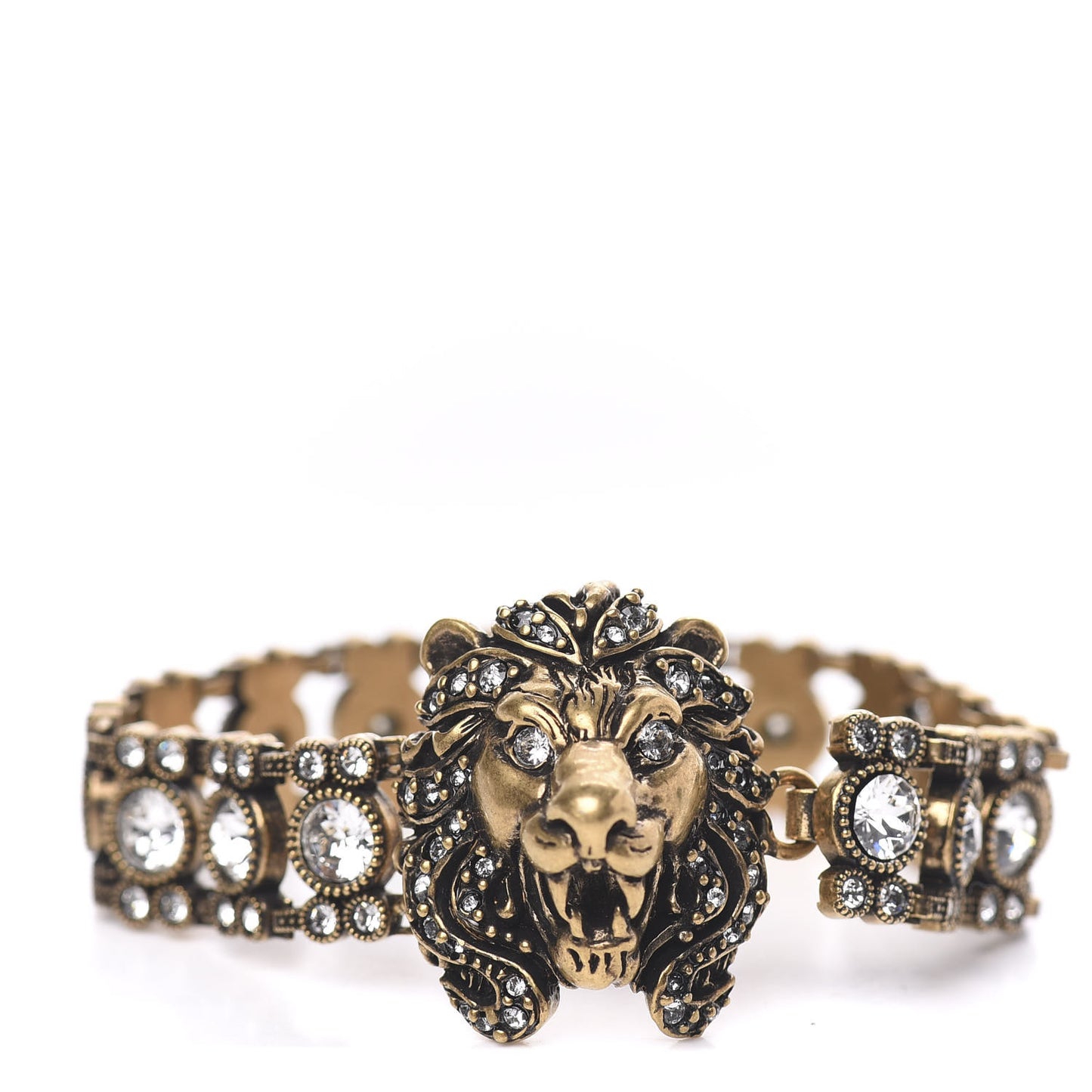 Metal Crystal Lion Head Bracelet L Aged Gold