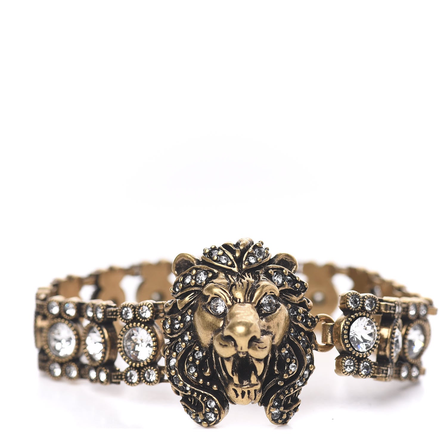 Gucci Metal Crystal Lion Head Bracelet L Aged Gold 1 of 5