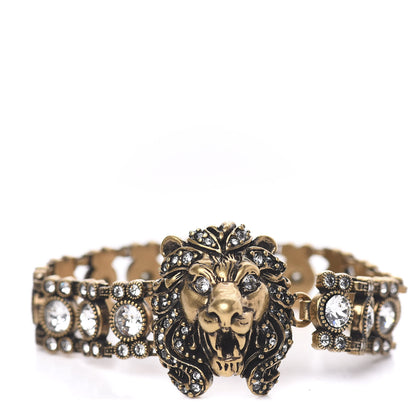 Gucci Metal Crystal Lion Head Bracelet L Aged Gold 1 of 5