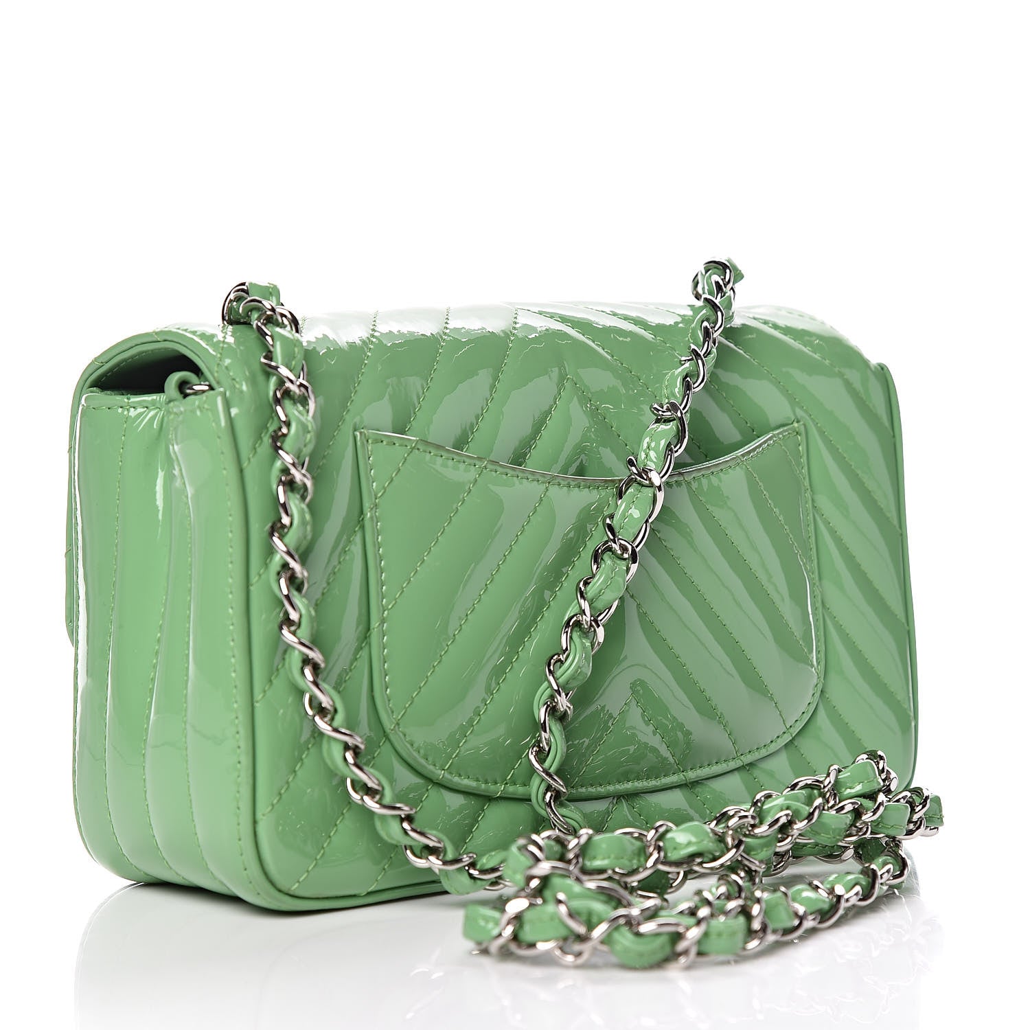 Chanel Patent Calfskin Chevron Quilted Mini Rectangular Flap Green 3 of 10