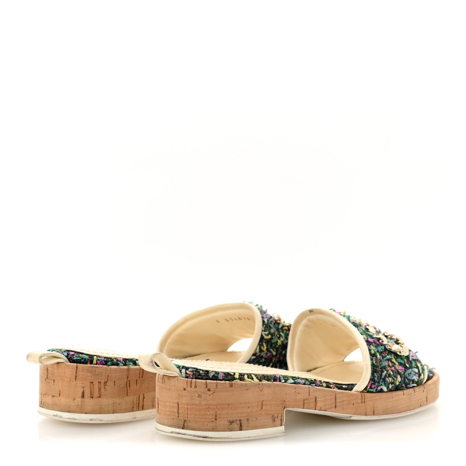 CHANEL バイカラーミュール 36.5 Chanel Tweed Cork CC Chain Mule Sandal 36.5 Green Multicolor