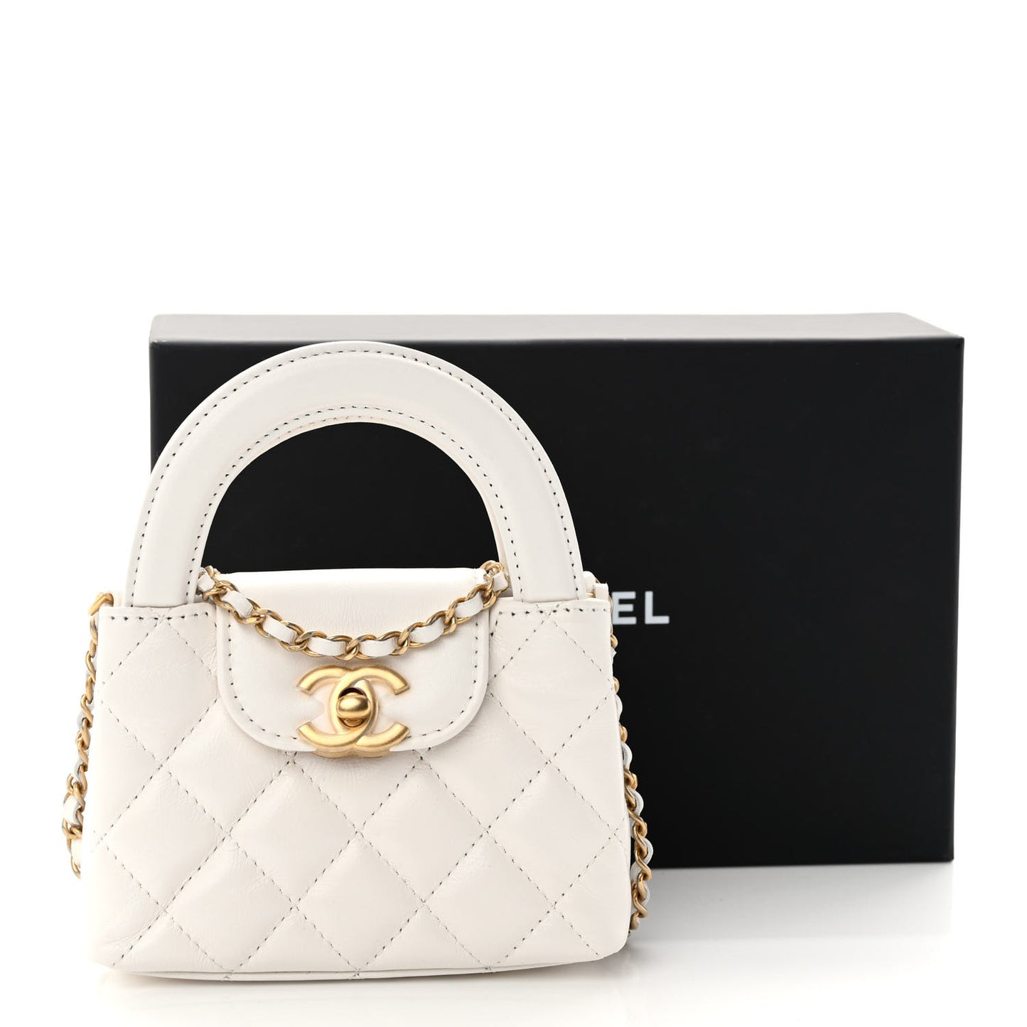 Shiny Aged Calfskin Quilted Mini Nano Kelly Shopper White