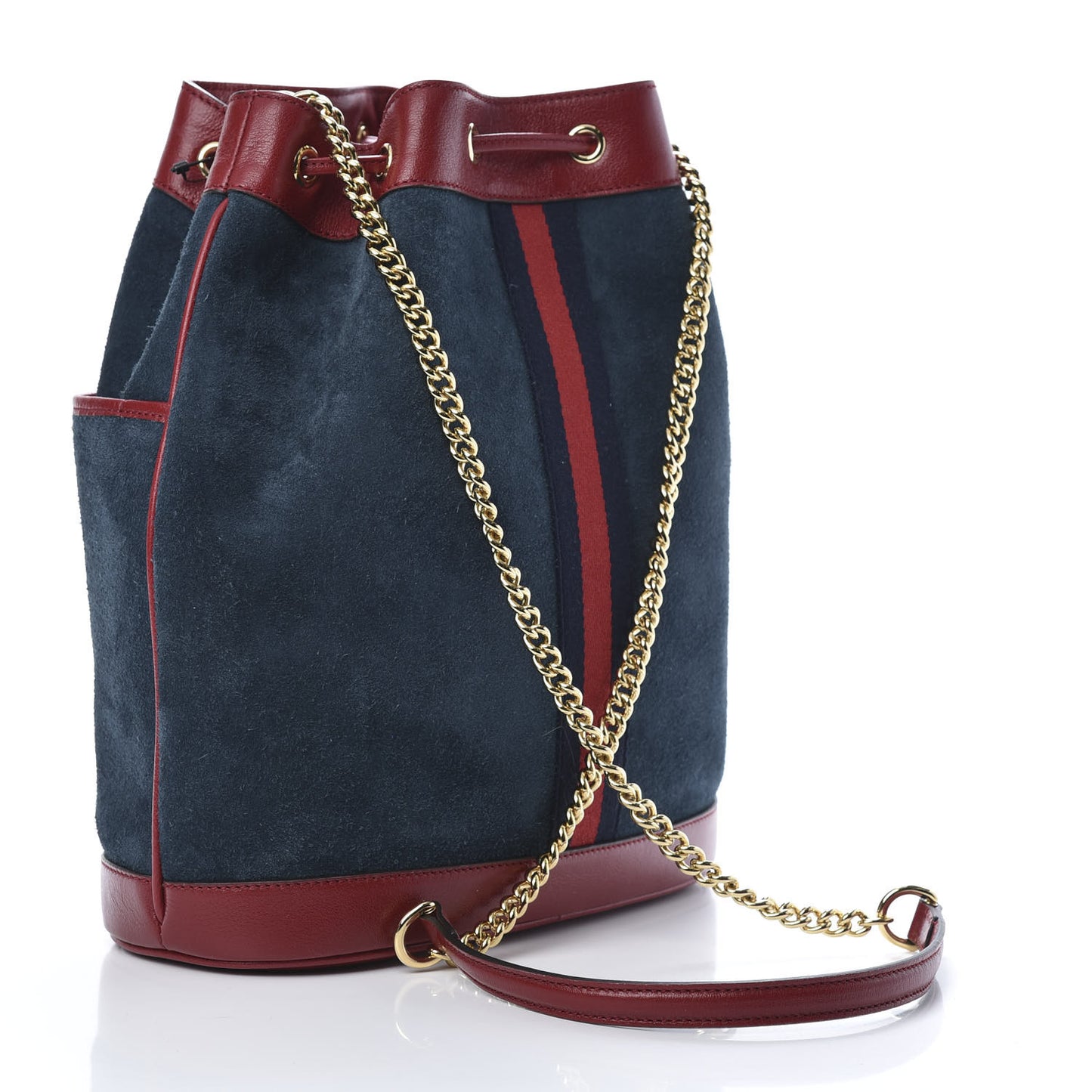 Suede Calfskin Web Medium Rajah Bucket Bag New Blue Romantic Cherry