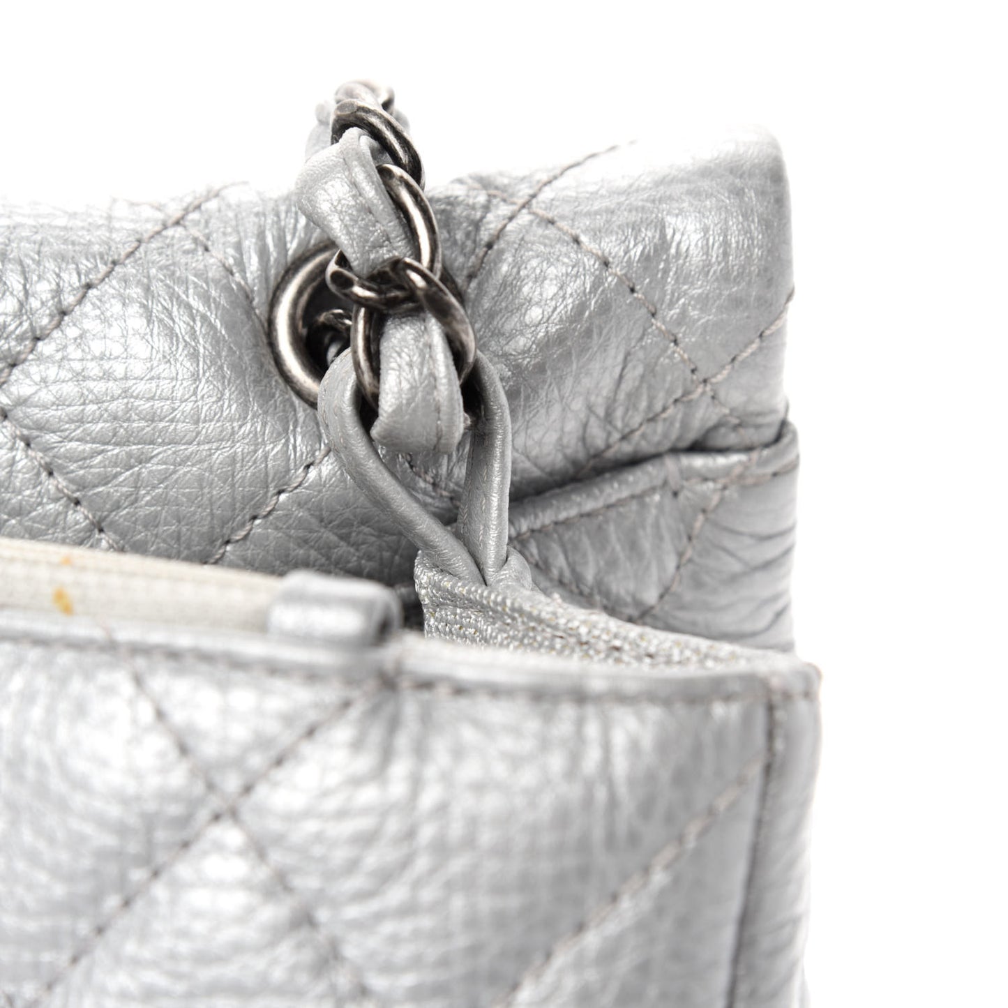 Metallic Calfskin Quilted XXL Travel Flap Bag Silver