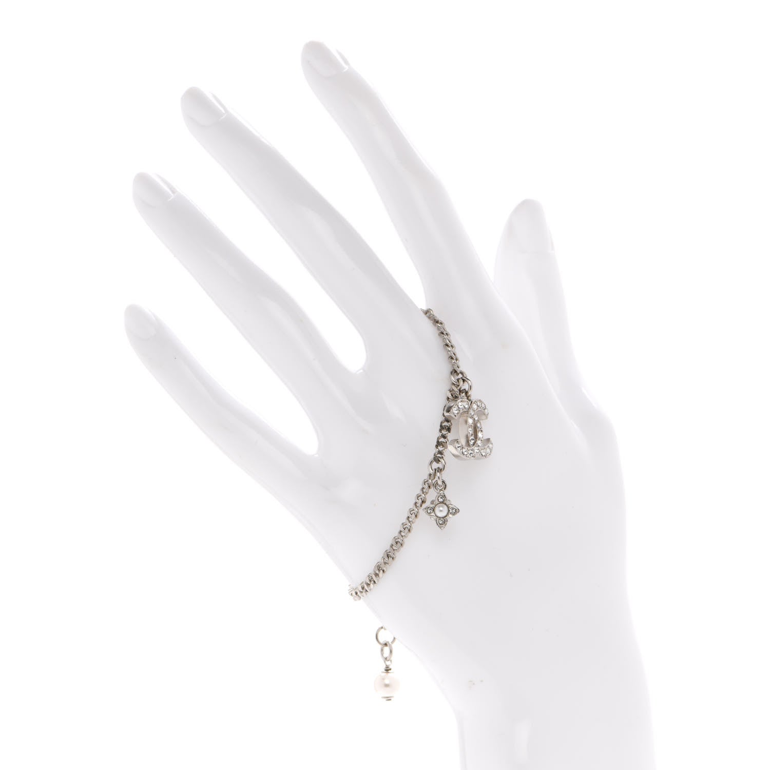 Chanel Crystal Pearl Flower CC Bracelet Silver 2 of 5