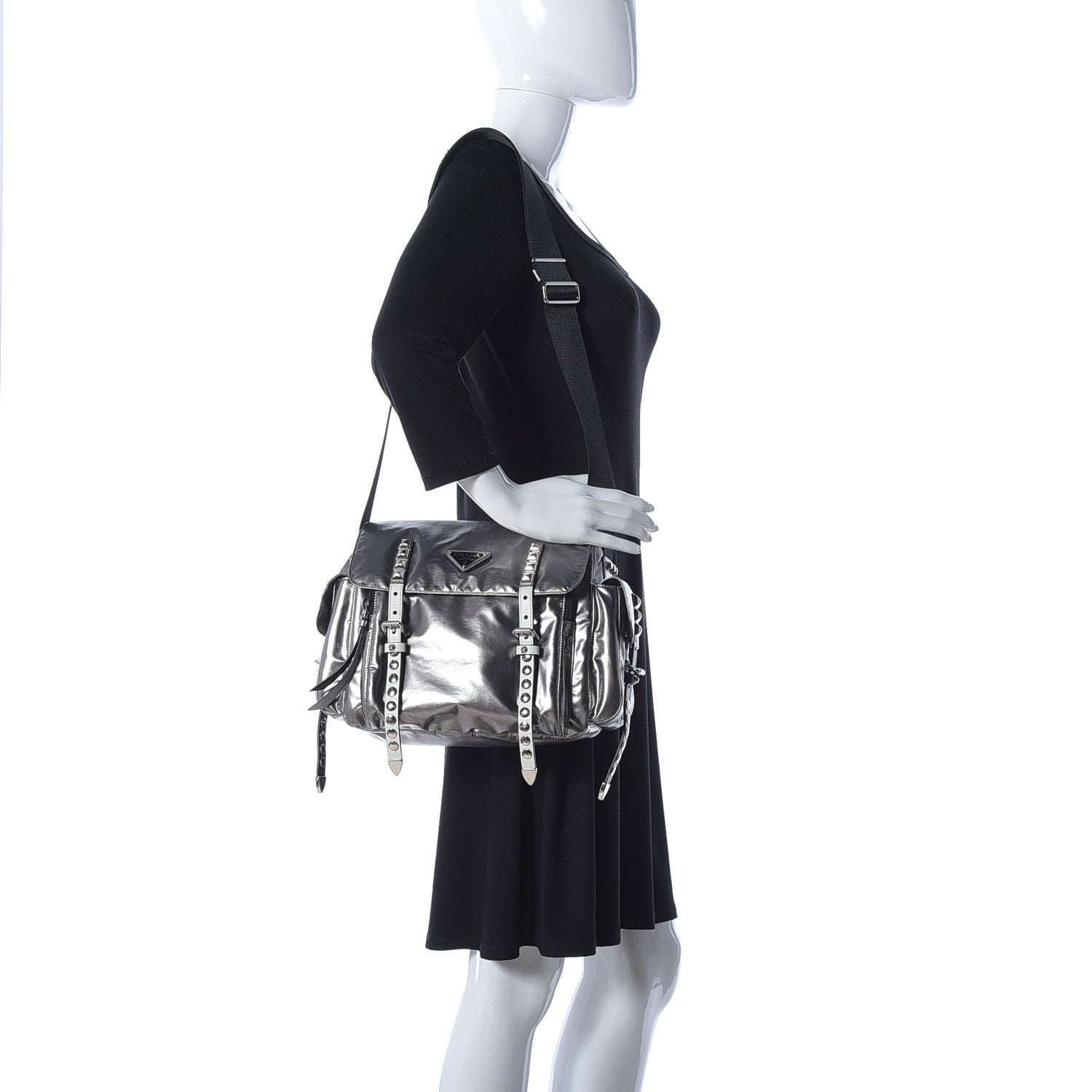 Prada Metallic Nylon Studded Messenger Bag Ferro Black 2 of 8