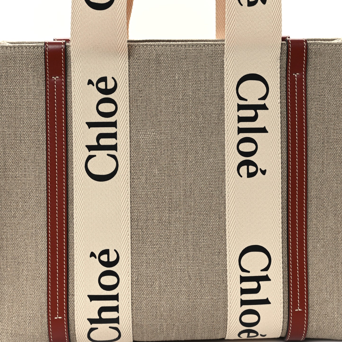 Linen Calfskin Medium Woody Ribbon Tote White Brown