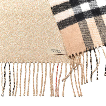 Burberry Metallic Cashmere Reversible Check Fringe Scarf Camel Gold 4 of 6
