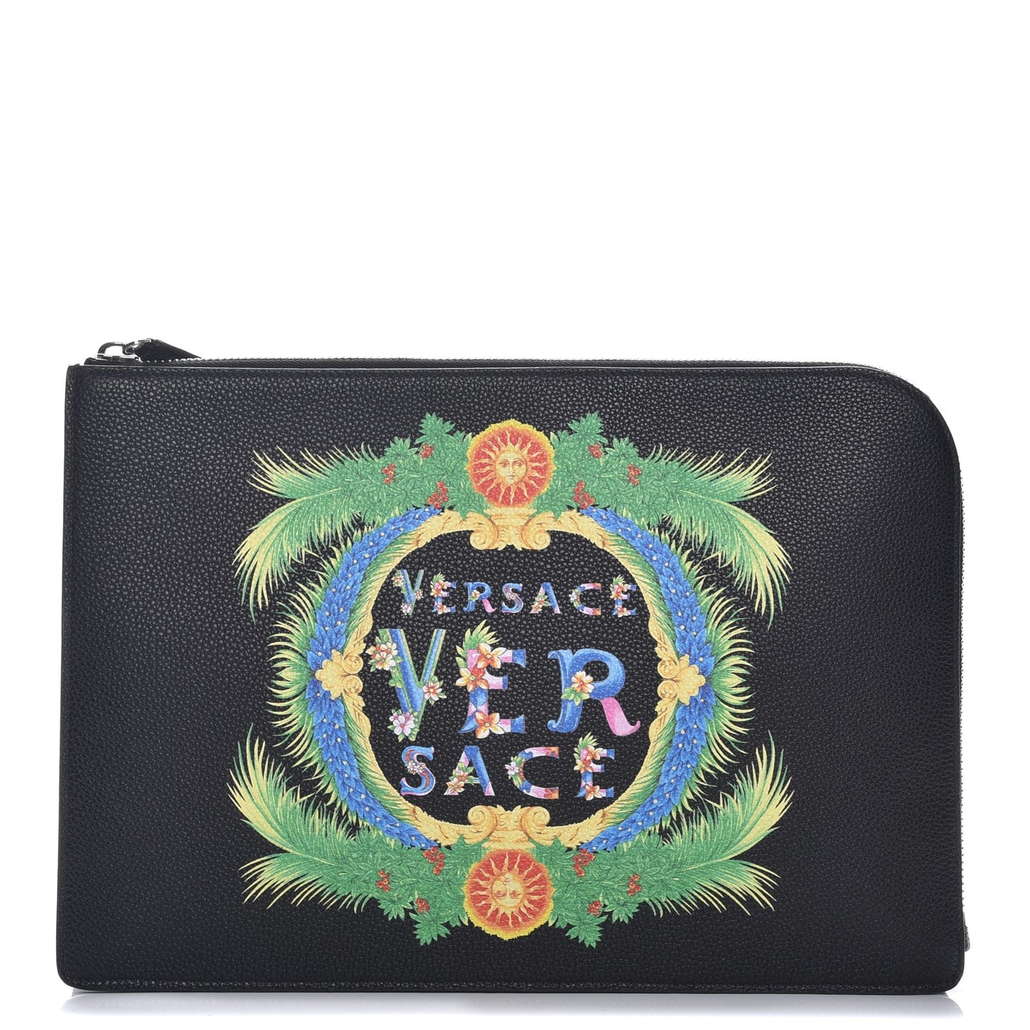 Grained Calfskin Beverly Palm Print Zip Organizer Black