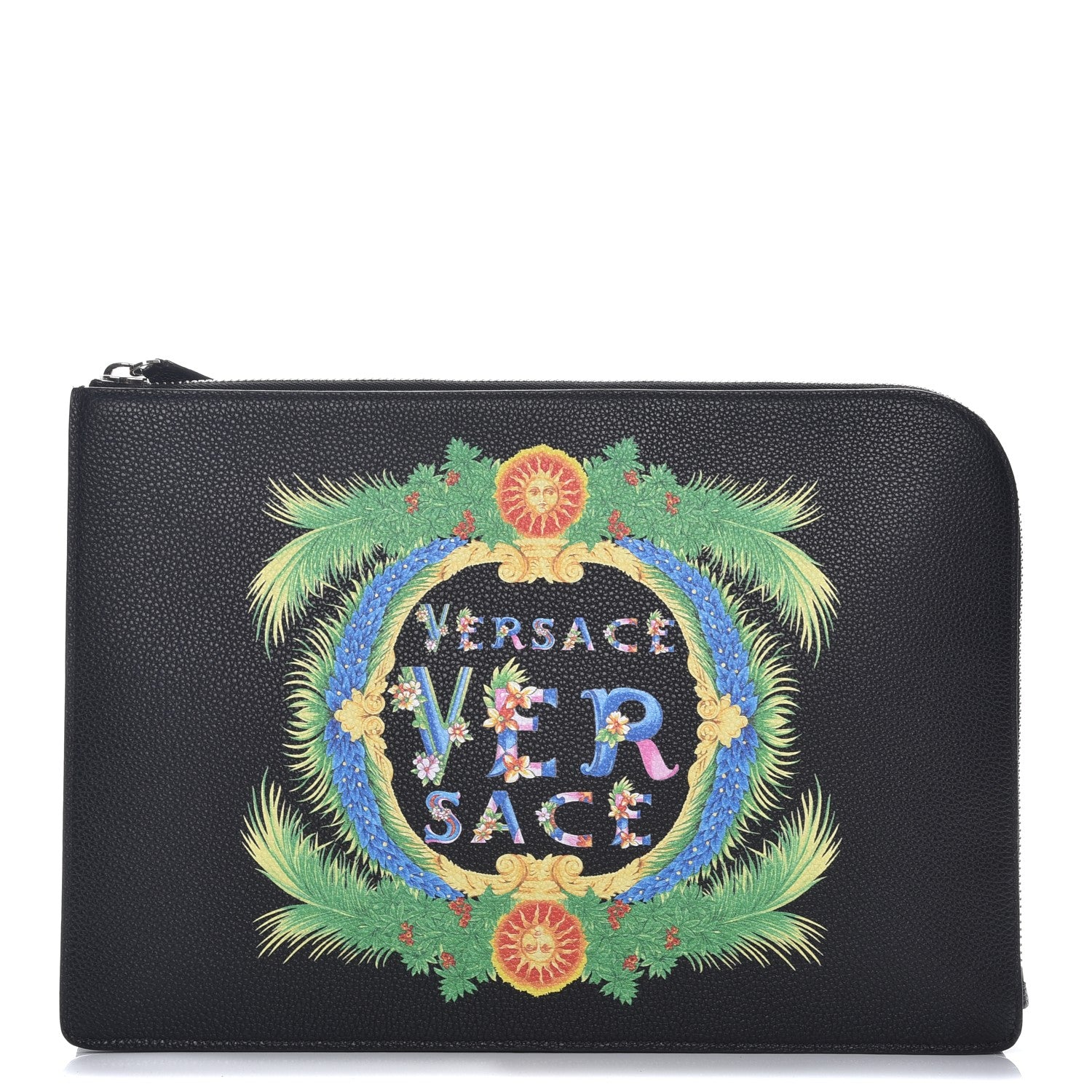 Versace Grained Calfskin Beverly Palm Print Zip Organizer Black 1 of 7