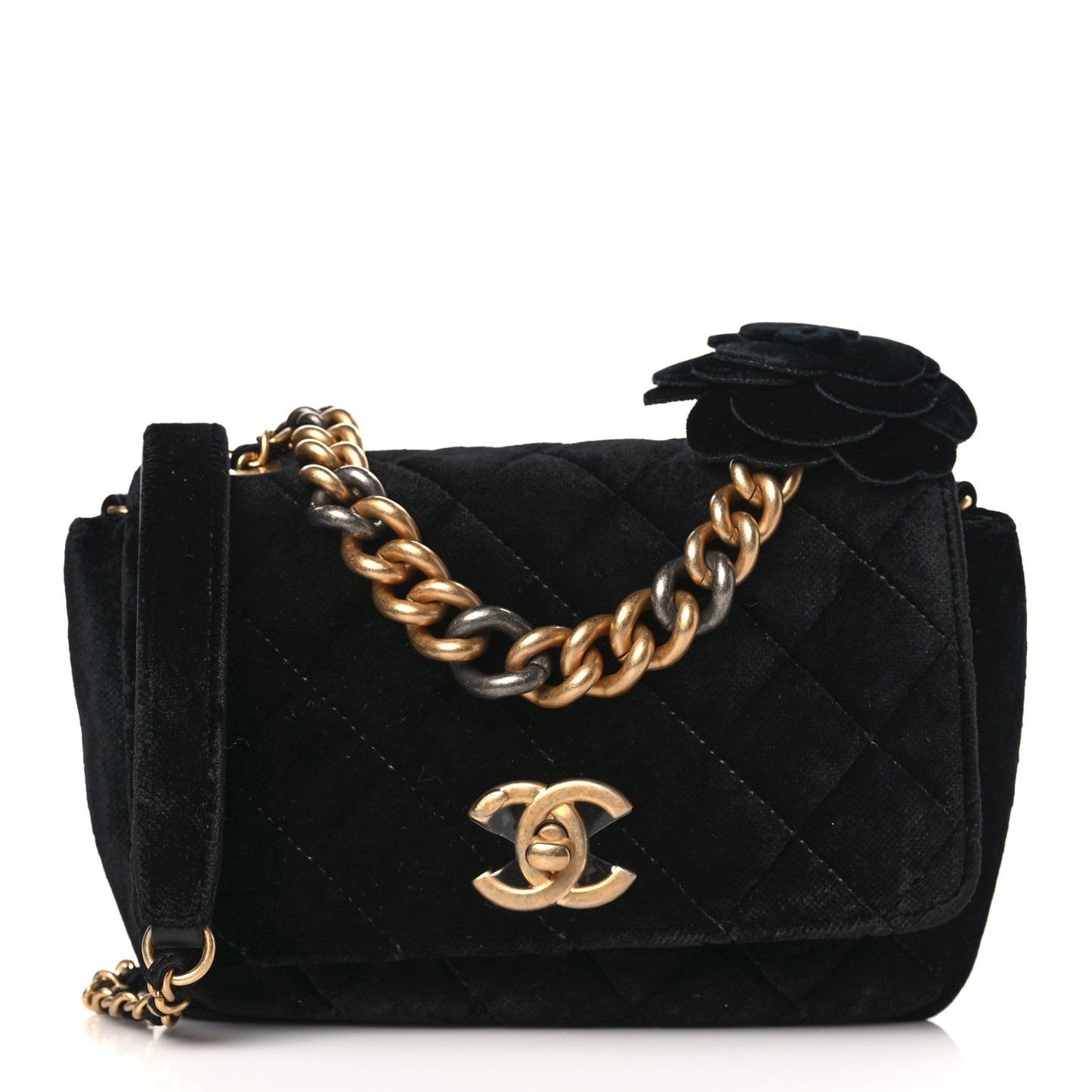 Velvet Quilted Small Camellia Flap Black