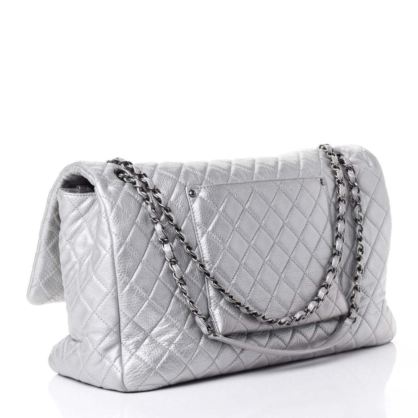Metallic Calfskin Quilted XXL Travel Flap Bag Silver