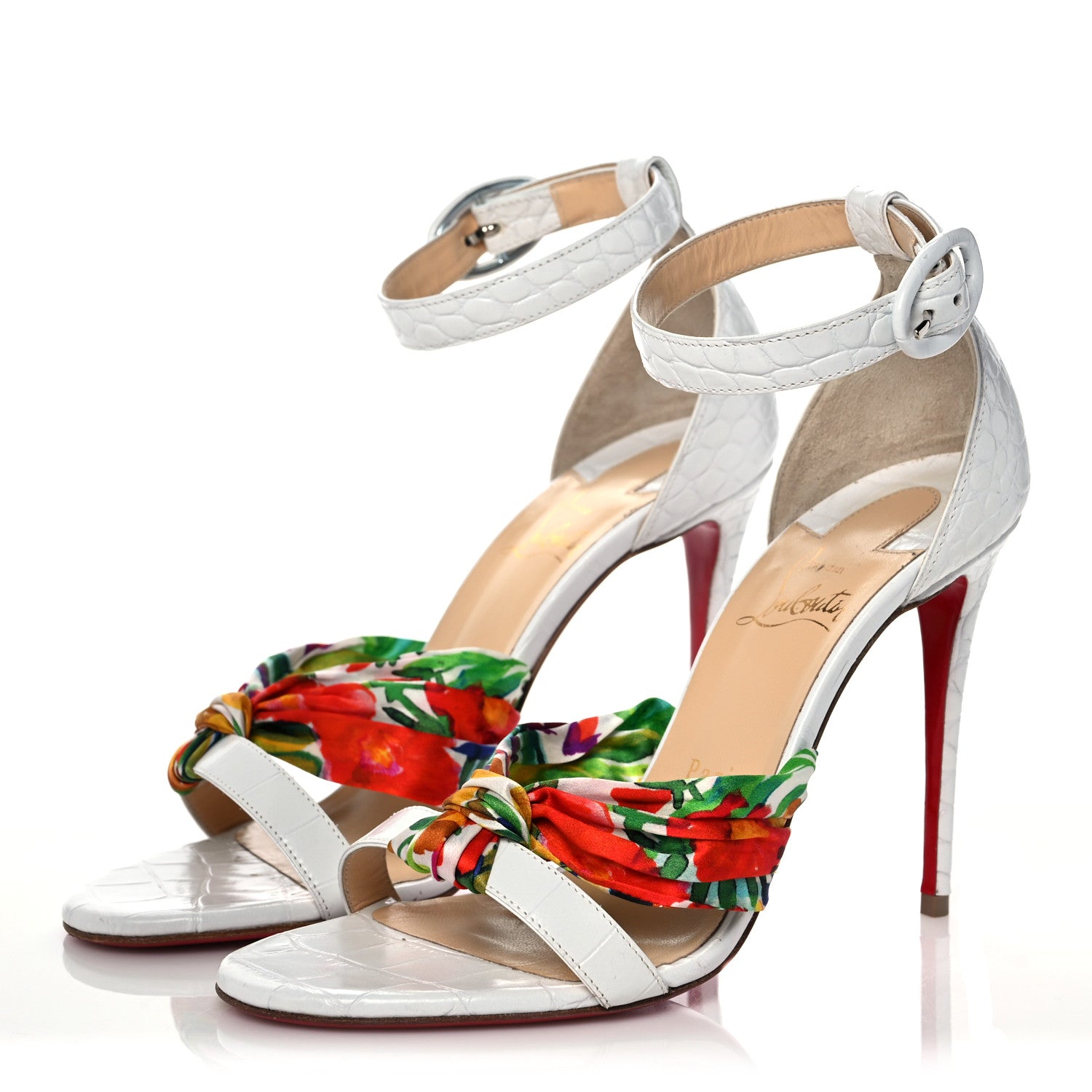 Christian Louboutin Crocodile Embossed Calfskin Silk Floral Ali 100 Pumps 37.5 White Ruban 3 of 9